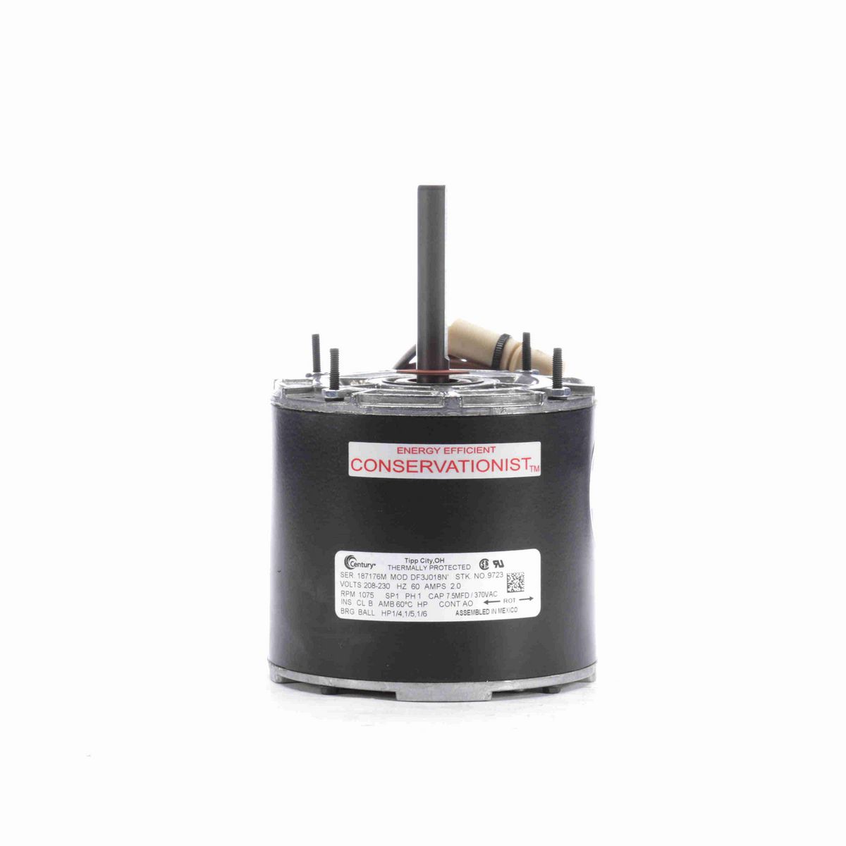 Century MULTIFIT® Condenser Fan Motor, 1/4-1/5-1/6 HP, 1 Ph, 60 Hz, 208-230 V, 1075 RPM, 1 Speed, 42 Frame, TEAO - 9723