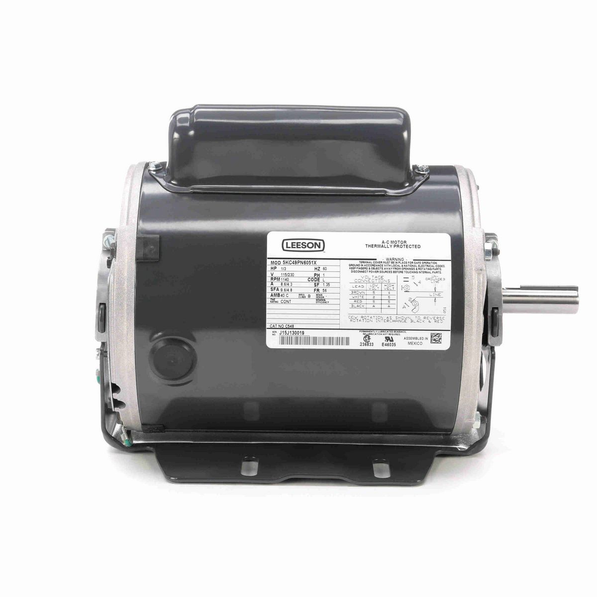 LEESON General Purpose Motor, 0.33 HP, 1 Ph, 60 Hz, 115/230 V, 1200 RPM, 56 Frame, DP - C548