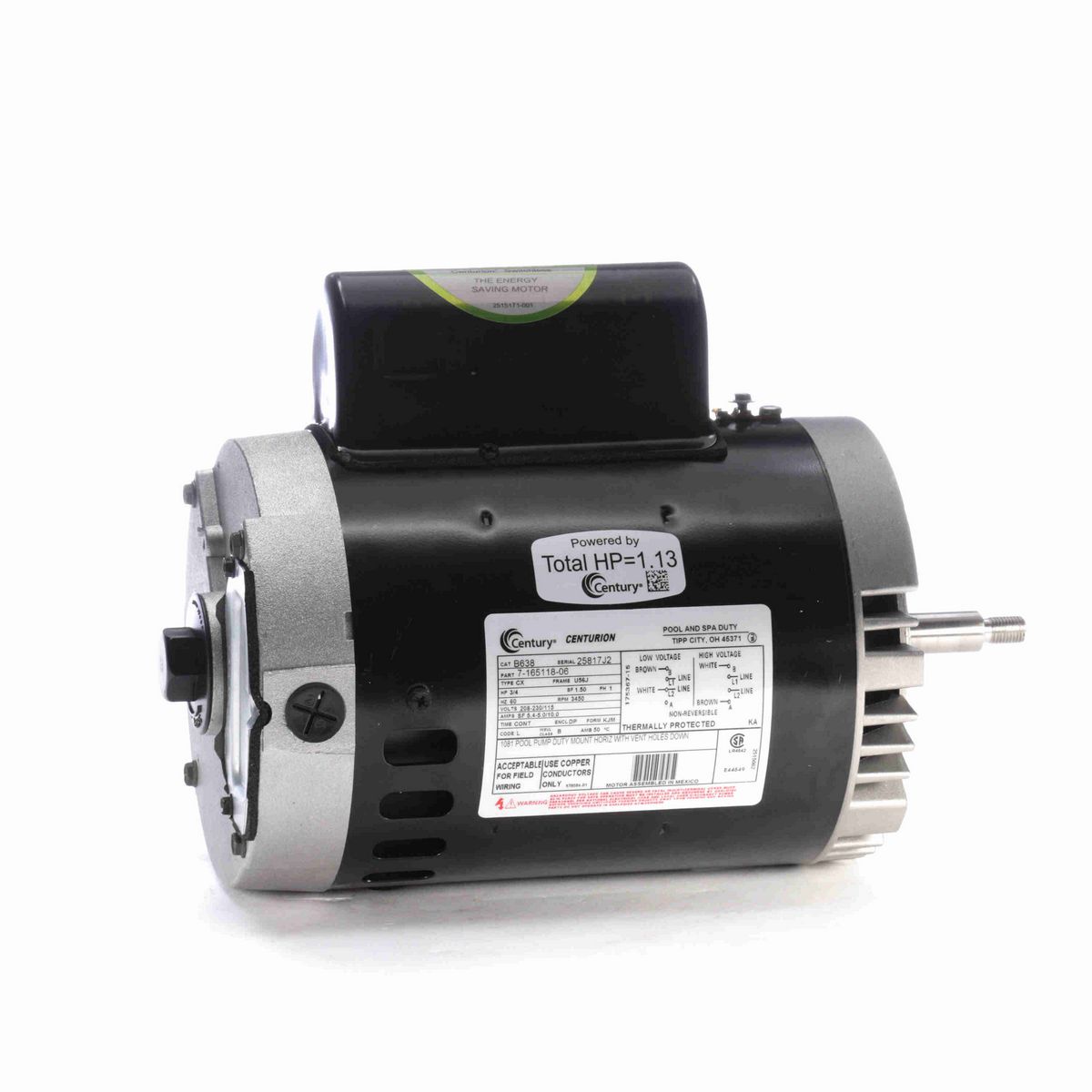 Century Pool Pump Motor, 3/4 HP, 1 Ph, 60 Hz, 208-230/115 V, 3600 RPM, U56J Frame, DP - B638