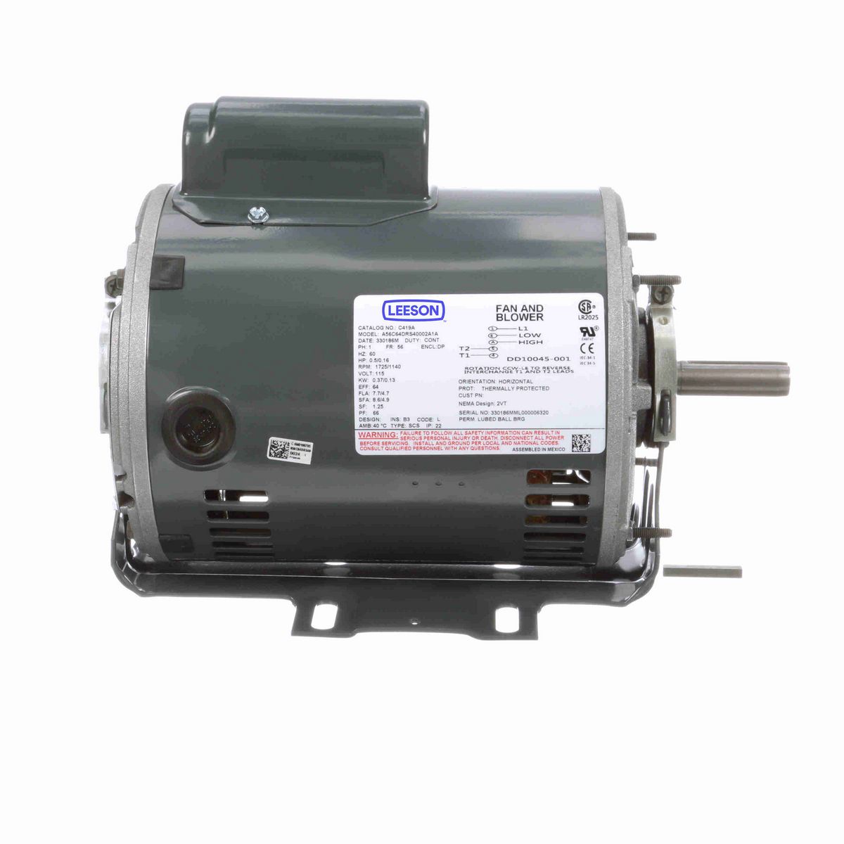 LEESON Fan and Blower Motor, 0.50 & 0.17 HP, 1 Ph, 60 Hz, 115 & 115 V, 1800 & 1800 RPM, 56 Frame, DP - C419A