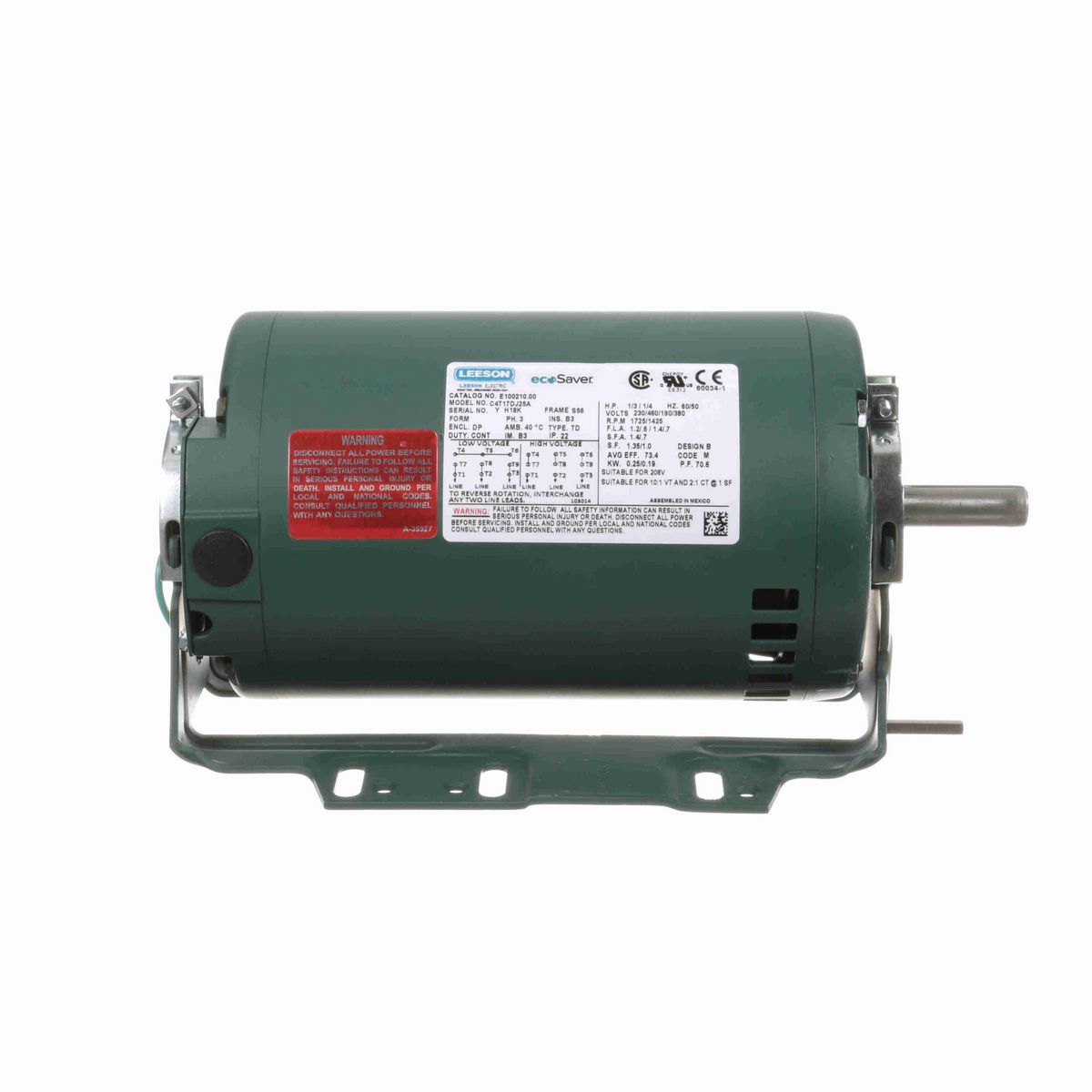 LEESON ecoSaver™ General Purpose Motor, 0.33 & 0.25 HP, 3 Ph, 60 & 50 Hz, 230/460 & 190/380 V, 1800 & 1500 RPM, S56 Frame, DP - E100210.00