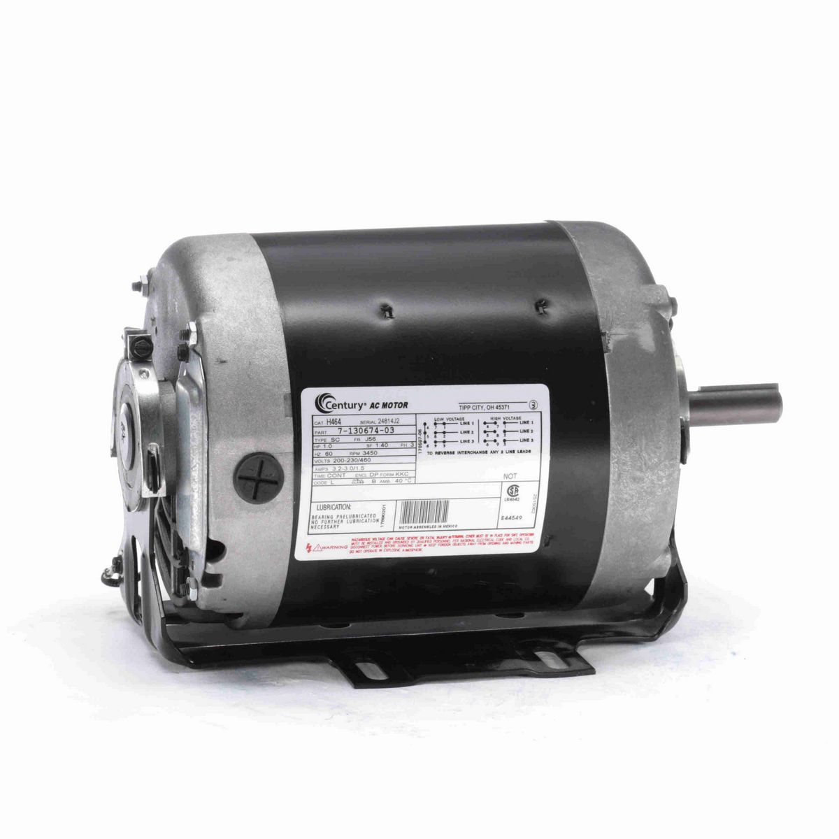 Century General Purpose Motor, 1.0 HP, 3 Ph, 60 Hz, 200-230/460 V, 3600 RPM, J56 Frame, DP - H464