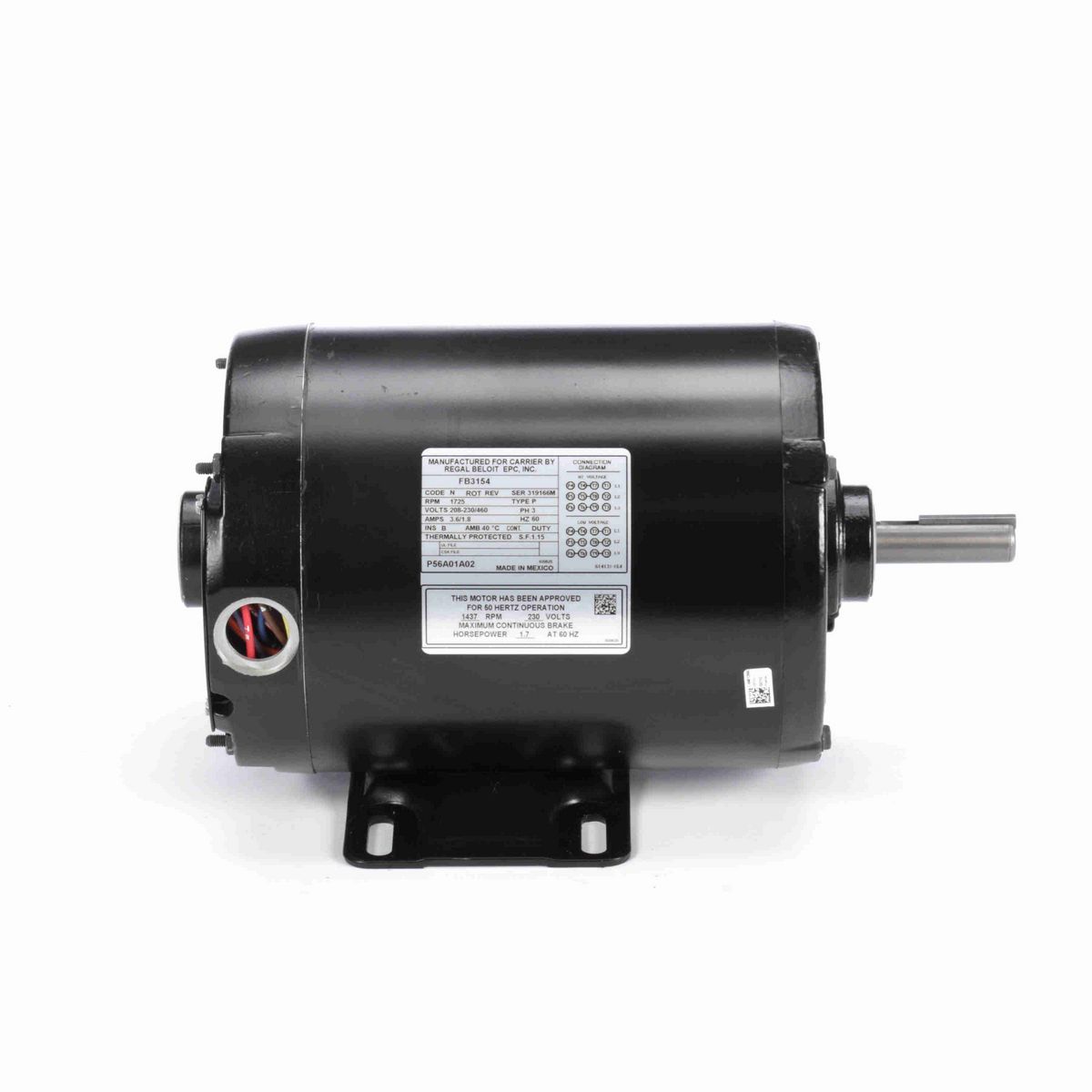 Century OEM Replacement Motor, SPL HP, 3 Ph, 60 Hz, 208-230/460 V, 1800 RPM, 56 Frame, OPEN - FB3154