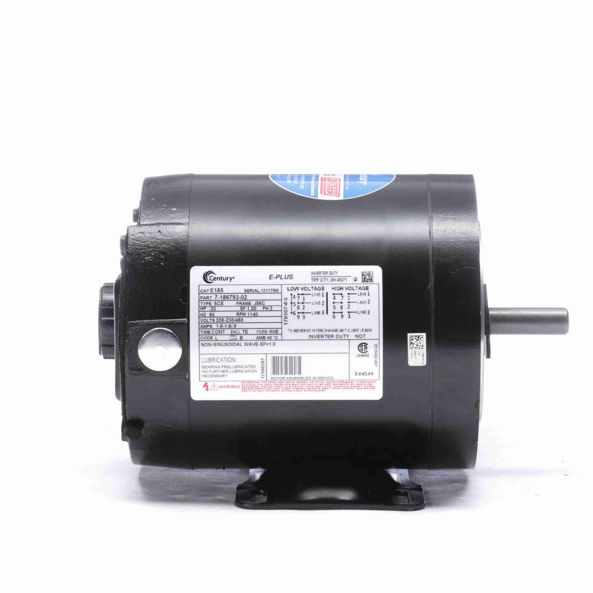 Century E-PLUS ® Speed Ratio Motor, .33 HP, 3 Ph, 60 Hz, 208-230/460 V, 1200 RPM, J56C Frame, TENV - E185