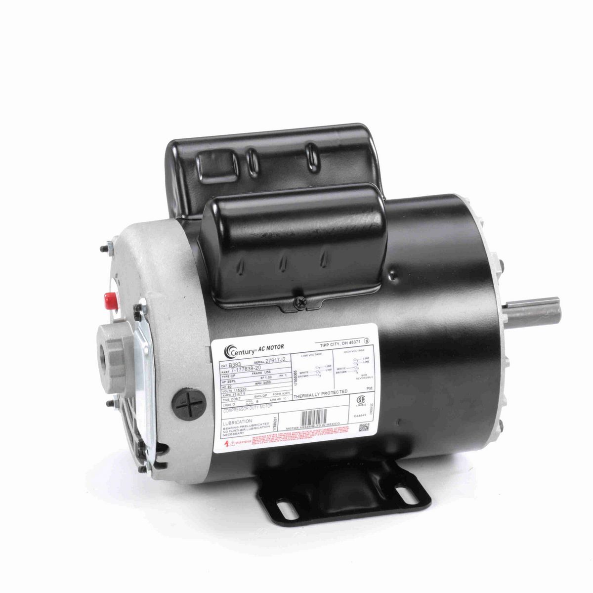 Century Air Compressor Motor, 3SPL HP, 1 Ph, 60 Hz, 115/230 V, 3600 RPM, U56None Frame, DP - B383