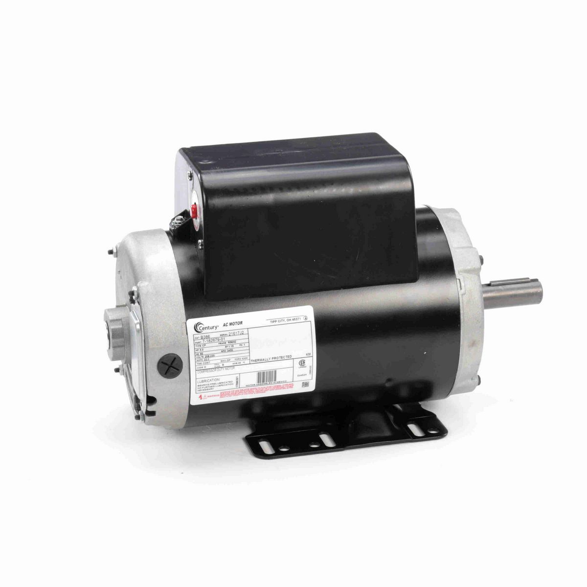 Century Air Compressor Motor, 5.0 HP, 1 Ph, 60 Hz, 208-230 V, 3600 RPM, R56HZ Frame, DP - B386