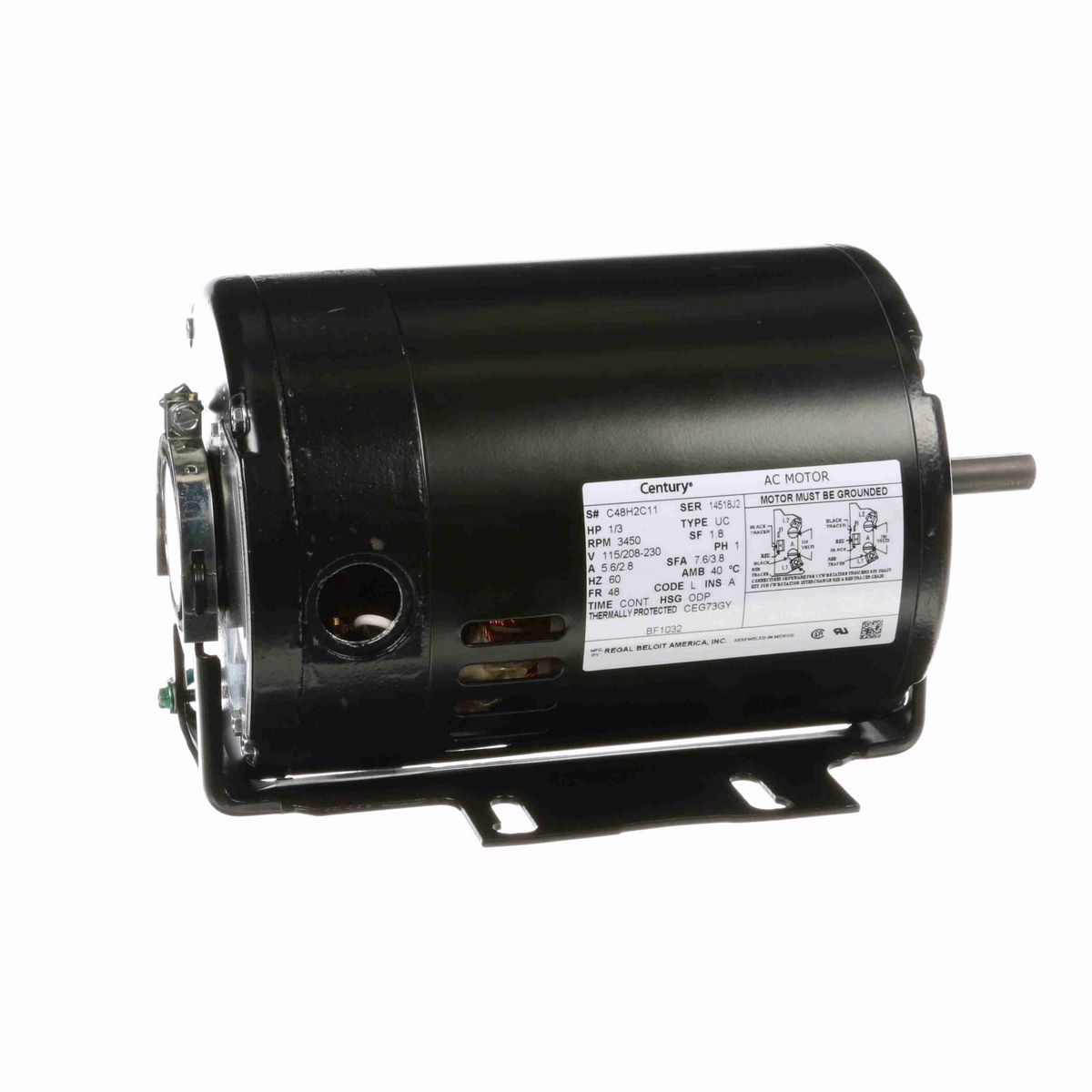 Century Fan and Blower Motor, 1/3 HP, 1 Ph, 60 Hz, 115/208-230 V, 3600 RPM, 48 Frame, ODP - BF1032