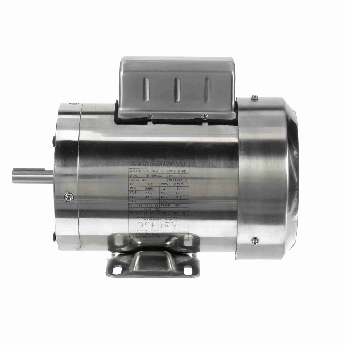 LEESON SST Duck™ General Purpose Motor, 1.50 HP, 1 Ph, 60 Hz, 115/230 V, 3600 RPM, 56C Frame, TEFC - 191480.00