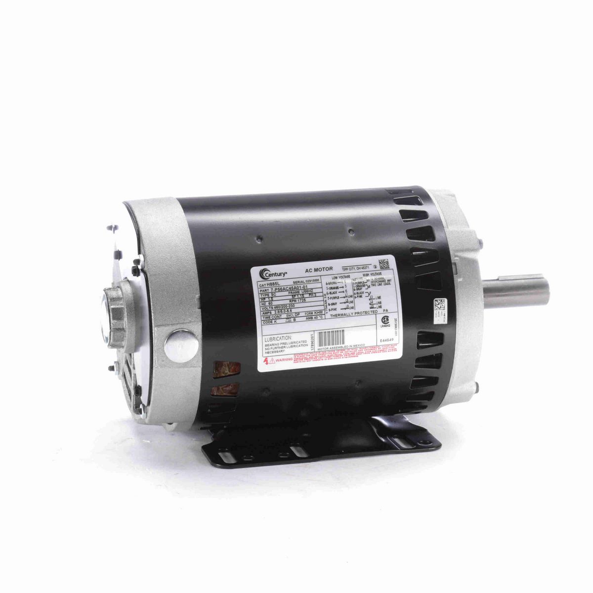 Century General Purpose Motor, 1.5 HP, 3 Ph, 60 Hz, 460/200-230 V, 1800 RPM, U56HZ Frame, DP - H885L