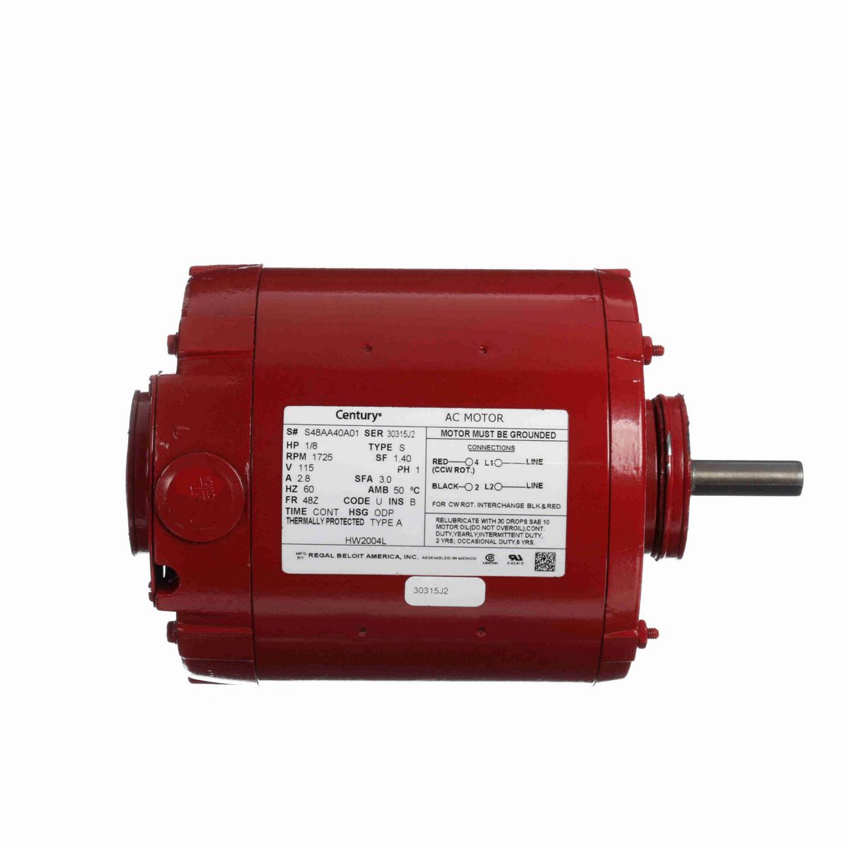Century Circulator Pump Motor, 1/8 HP, 1 Ph, 60 Hz, 115 V, 1800 RPM, 48Z Frame, ODP - HW2004L