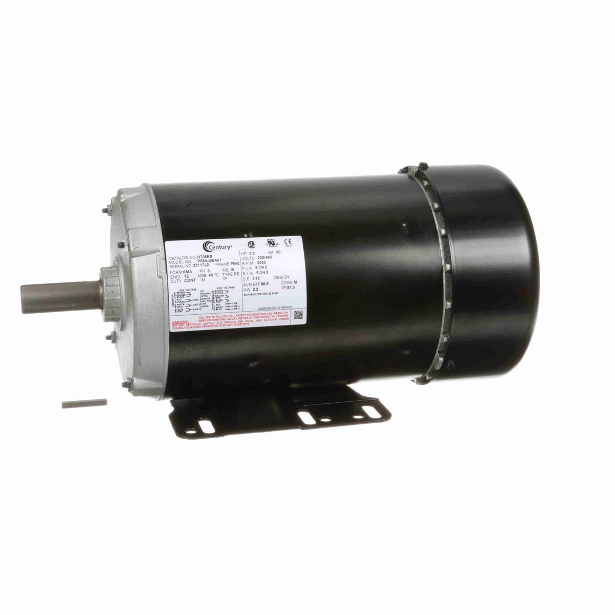 Century General Purpose Motor, 3.0 HP, 3 Ph, 60 Hz, 230/460 V, 3600 RPM, P56HZ Frame, TEFC - H738ES