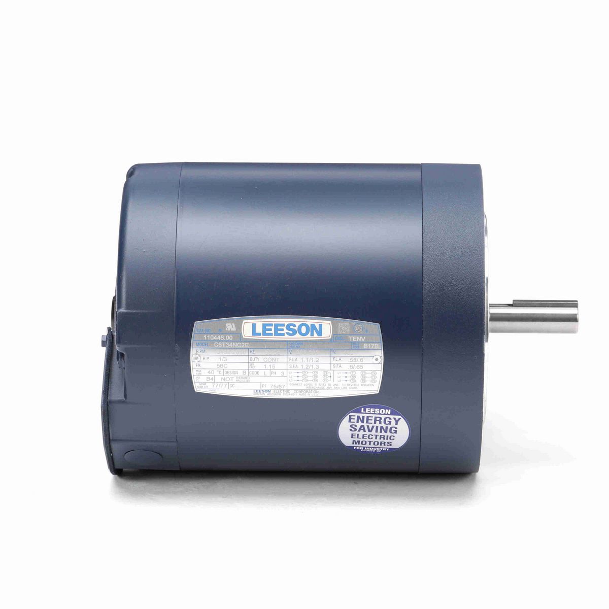 LEESON General Purpose Motor, 0.33 & 0.33 HP, 3 Ph, 60 & 50 Hz, 230/460 & 208-230/460 V, 3600 & 3000 RPM, 56C Frame, TENV - 110446.00