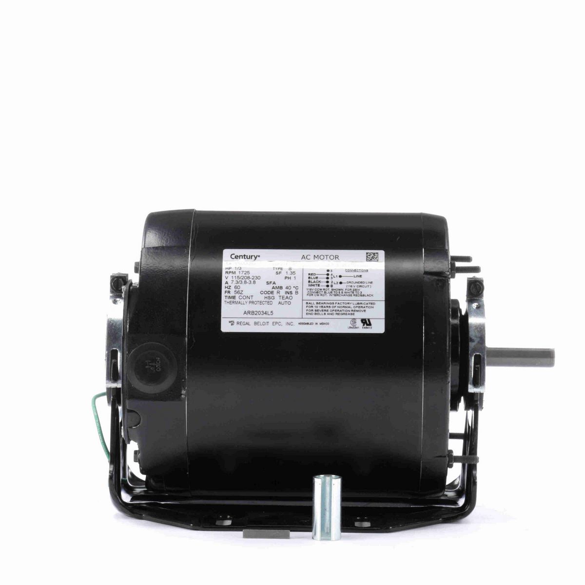 Century Fan and Blower Motor, 1/3 HP, 1 Ph, 60 Hz, 115/208-230 V, 1800 RPM, 56Z Frame, TEAO - ARB2034L5