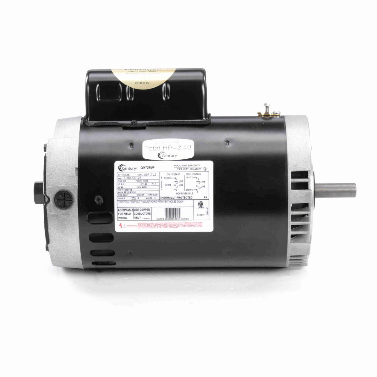 Century Pool Pump Motor, 2.0 HP, 1 Ph, 60 Hz, 230/115 V, 3600 RPM, Y56C Frame, DP - B835