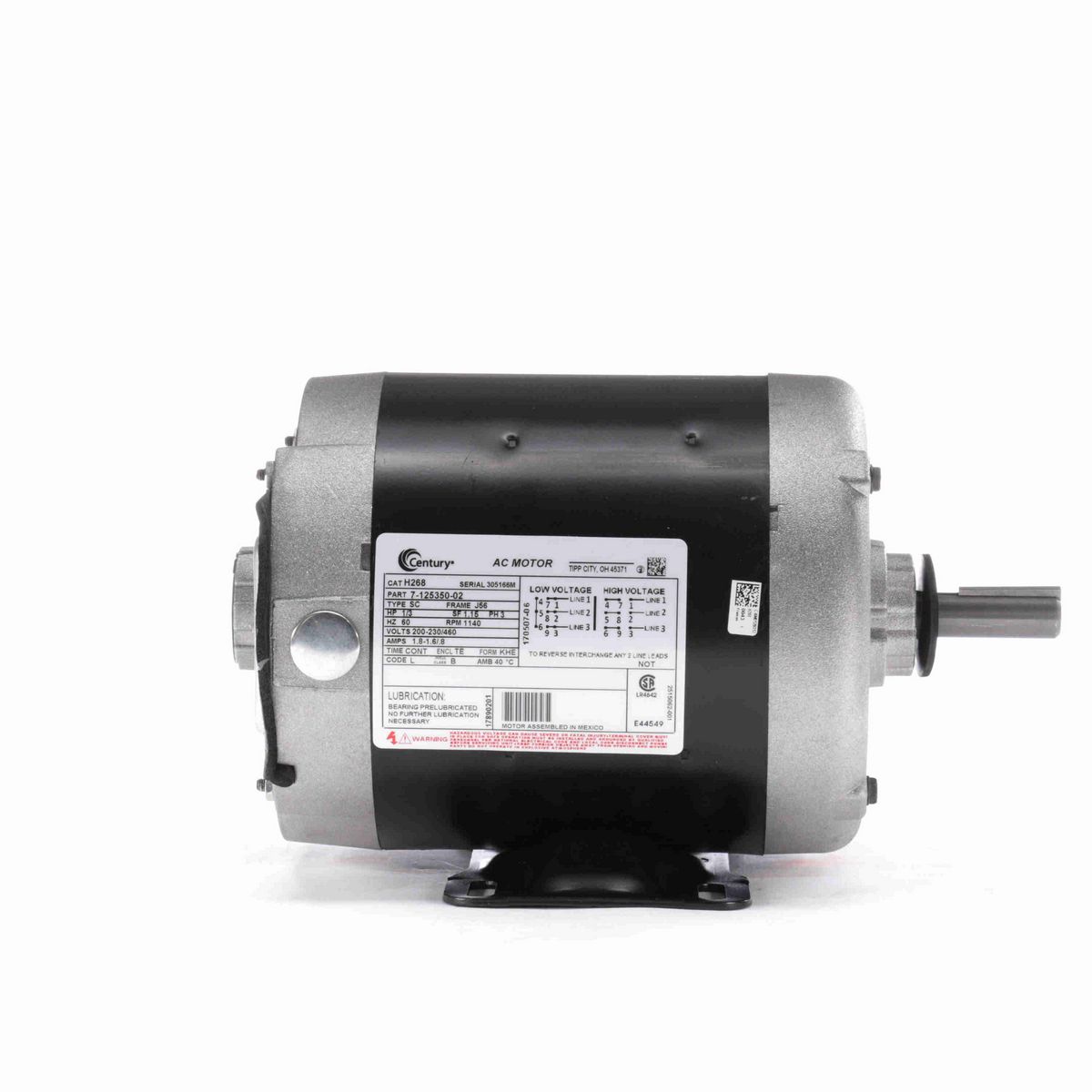 Century General Purpose Motor, 1/3 HP, 3 Ph, 60 Hz, 200-230/460 V, 1200 RPM, J56 Frame, TENV - H268