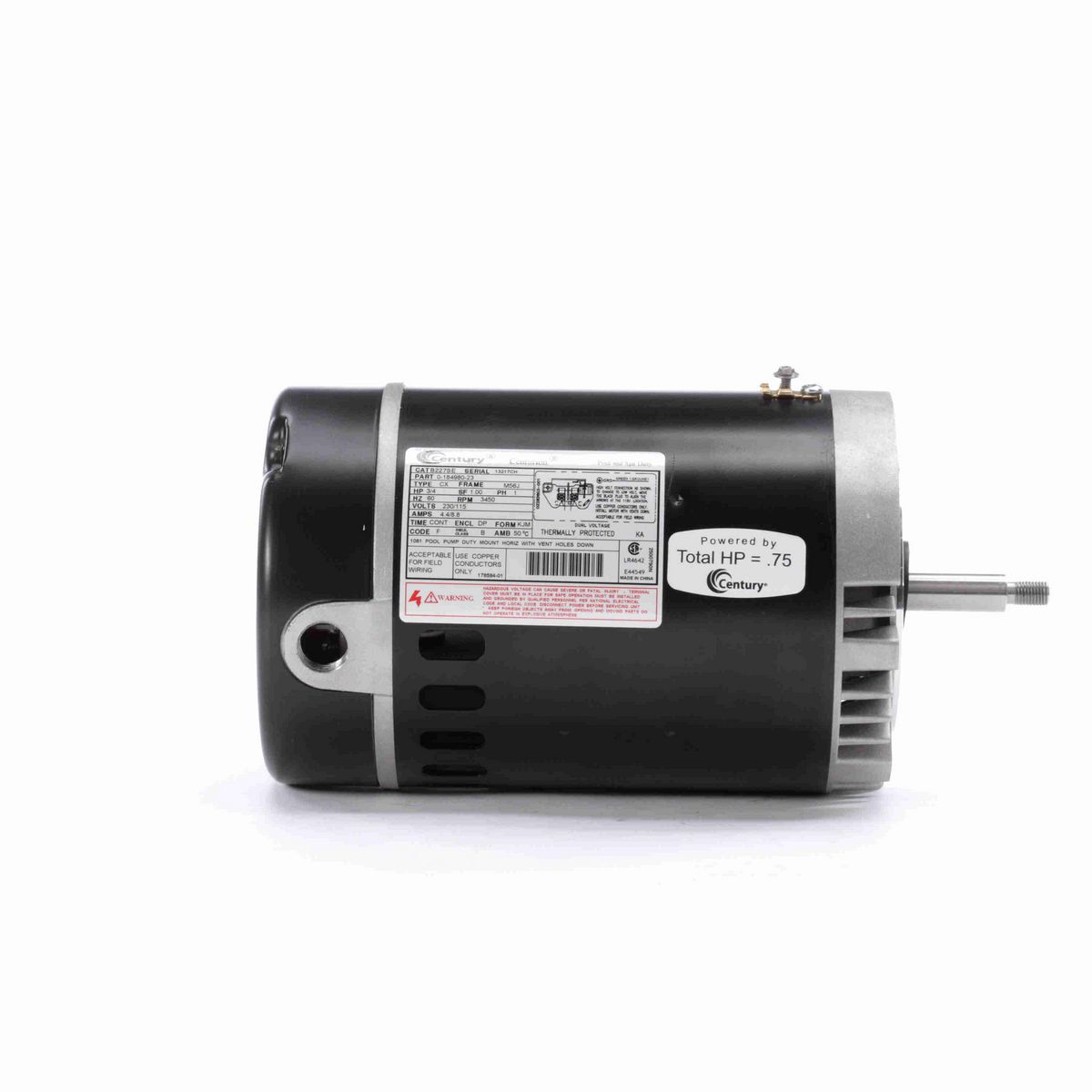 Century Pool Pump Motor, 3/4 HP, 1 Ph, 60 Hz, 230/115 V, 3600 RPM, M56J Frame, DP - B227SE