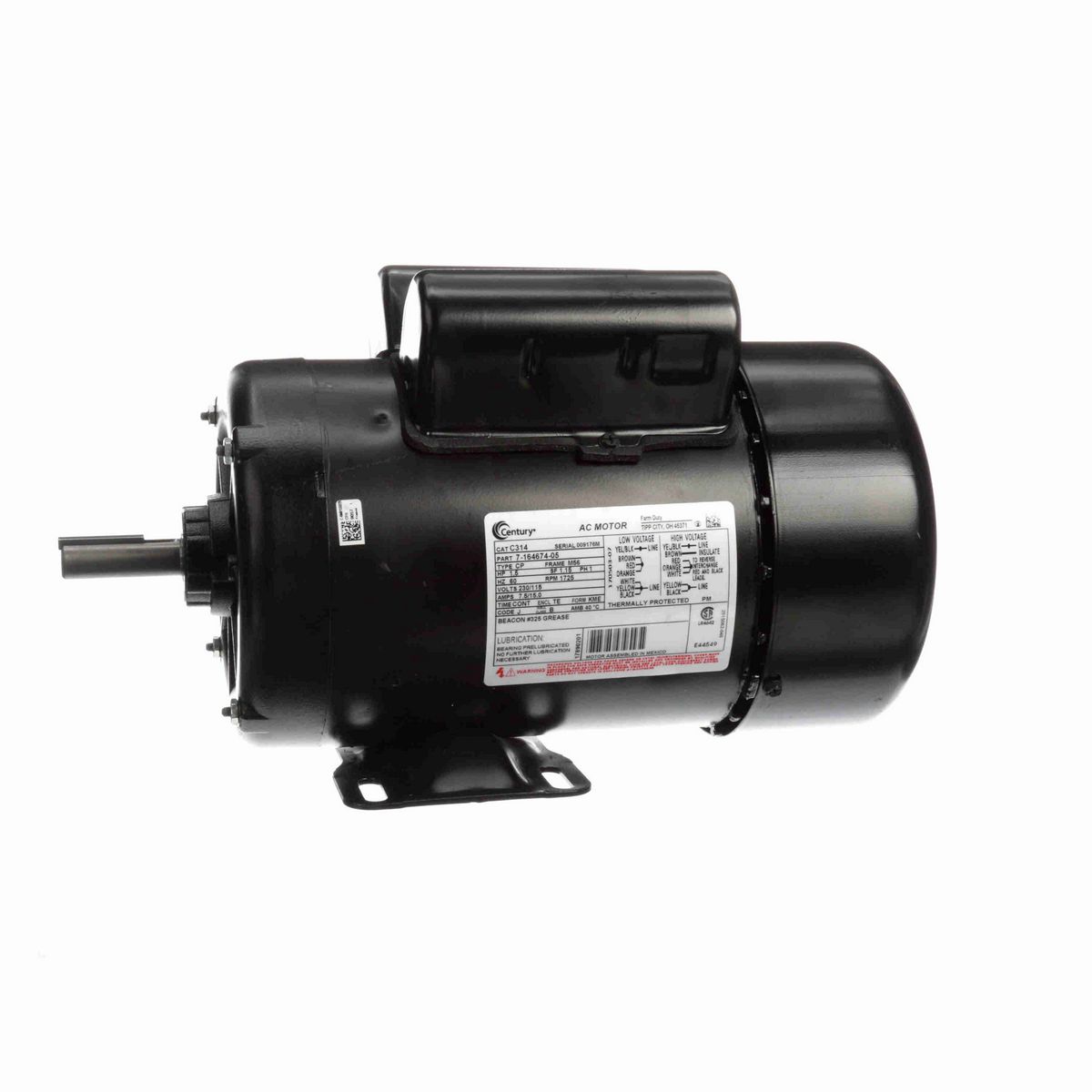 Century General Purpose Farm Duty Motor, 1.5 HP, 1 Ph, 60 Hz, 230/115 V, 1800 RPM, M56 Frame, TEFC - C314