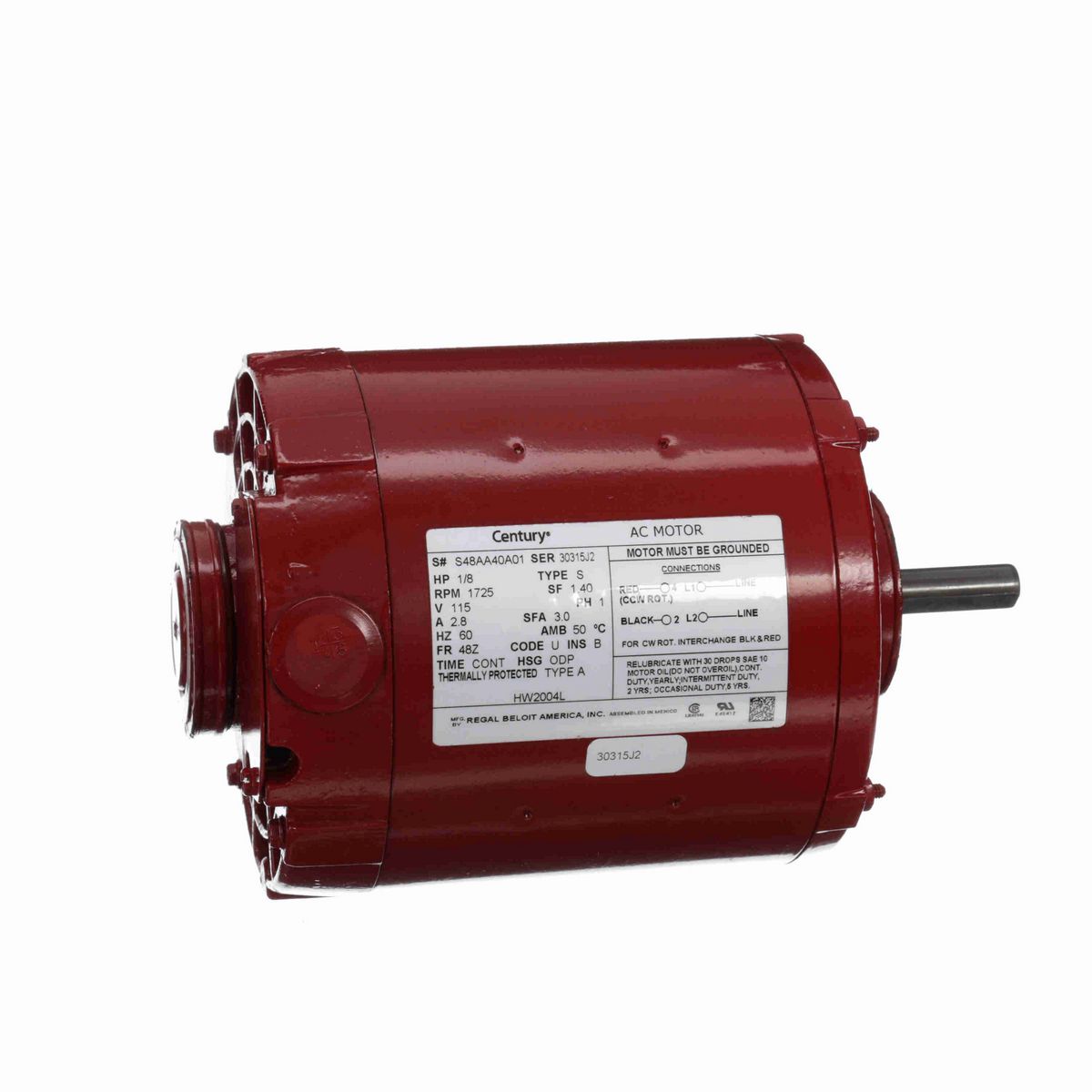 Century Circulator Pump Motor, 1/8 HP, 1 Ph, 60 Hz, 115 V, 1800 RPM, 48Z Frame, ODP - HW2004L