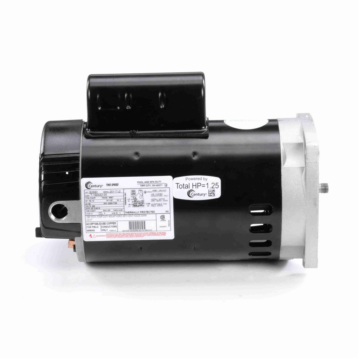 Century Pool Pump Motor, .75/.10 HP, 1 Ph, 60 Hz, 230 V, 3600 RPM, R56Y Frame, DP - B2980
