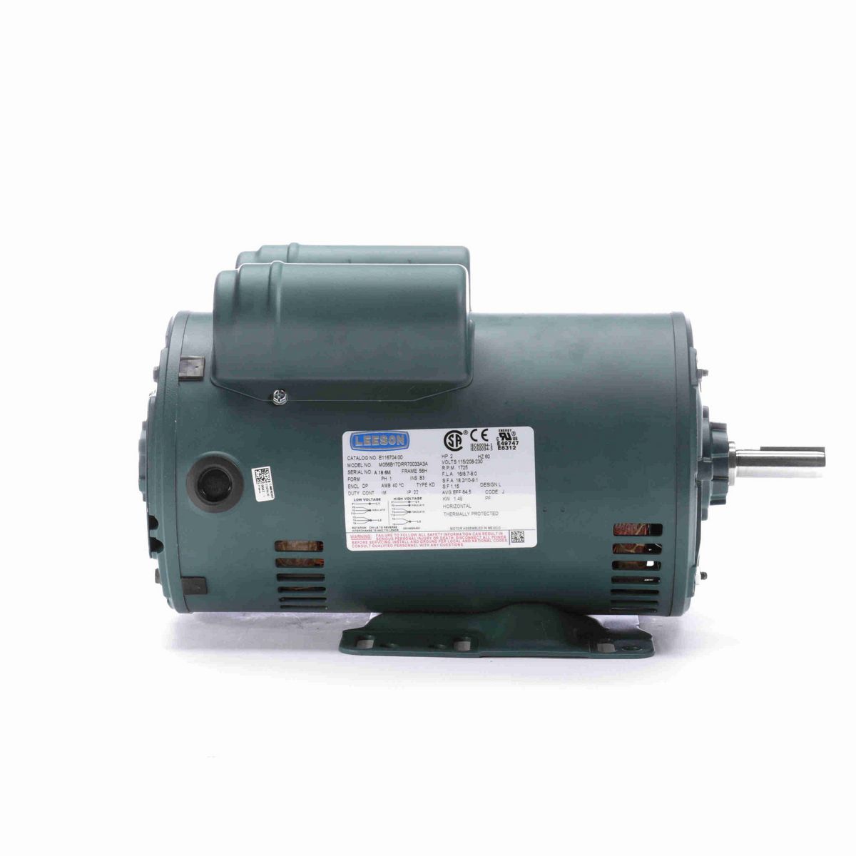 LEESON ecoSaver™ General Purpose Motor, 2 HP, 1 Ph, 60 Hz, 115/208-230 V, 1800 RPM, 56H Frame, DP - E116704.00