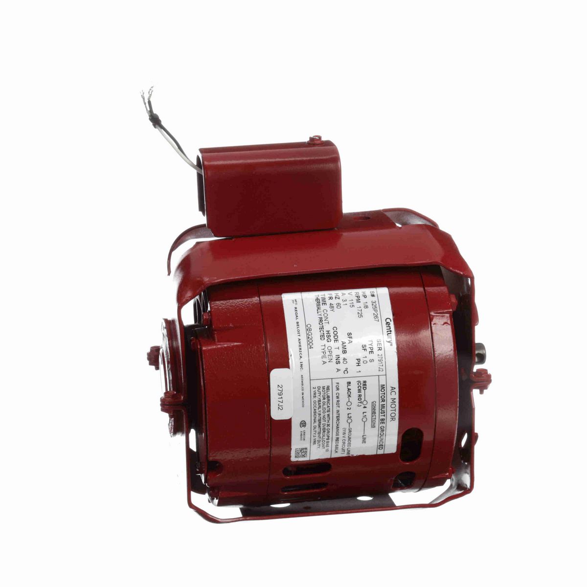 Century Circulator Pump Motor, 1/8 HP, 1 Ph, 60 Hz, 115 V, 1800 RPM, 48Y Frame, OPEN - OBG2004