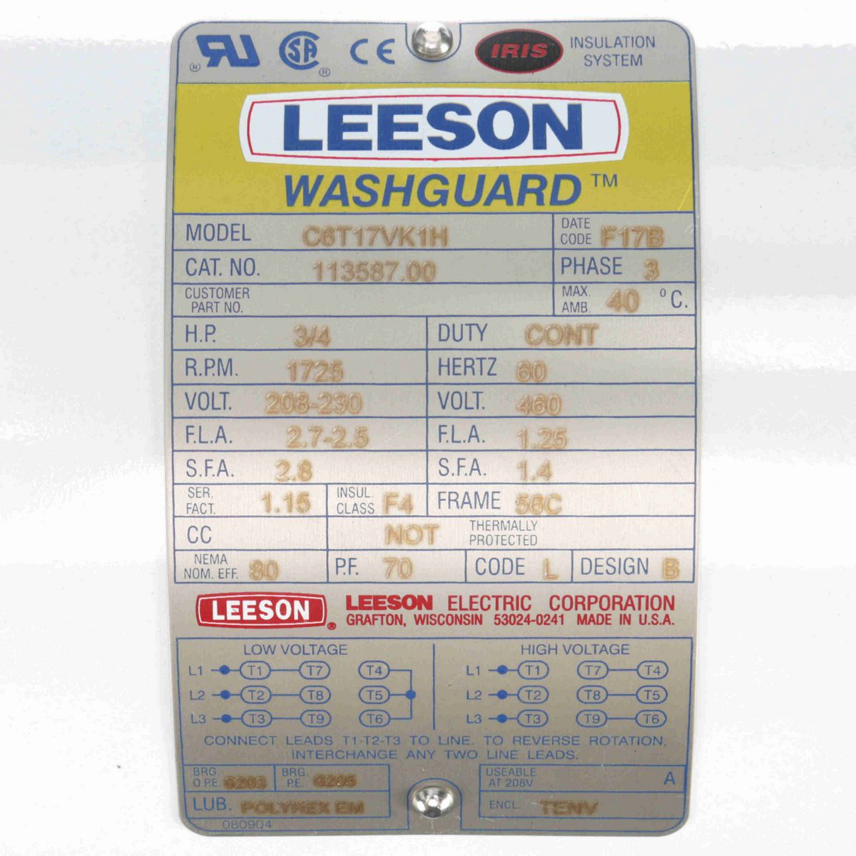 LEESON White Duck™ General Purpose Motor, 0.75 HP, 3 Ph, 60 Hz, 230/460 V, 1800 RPM, 56C Frame, TENV - 113587.00
