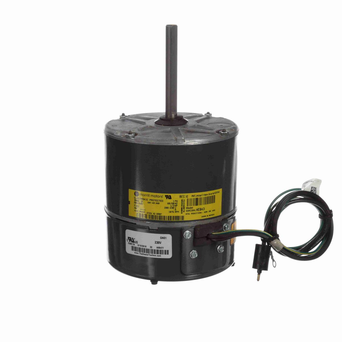 Genteq Refrigeration Motor, 1/3 HP, 1 Ph, 60/50 Hz, 208-230 V, 1075 RPM, 1 Speed, 48 Frame, CLOSEDAO - 5R007