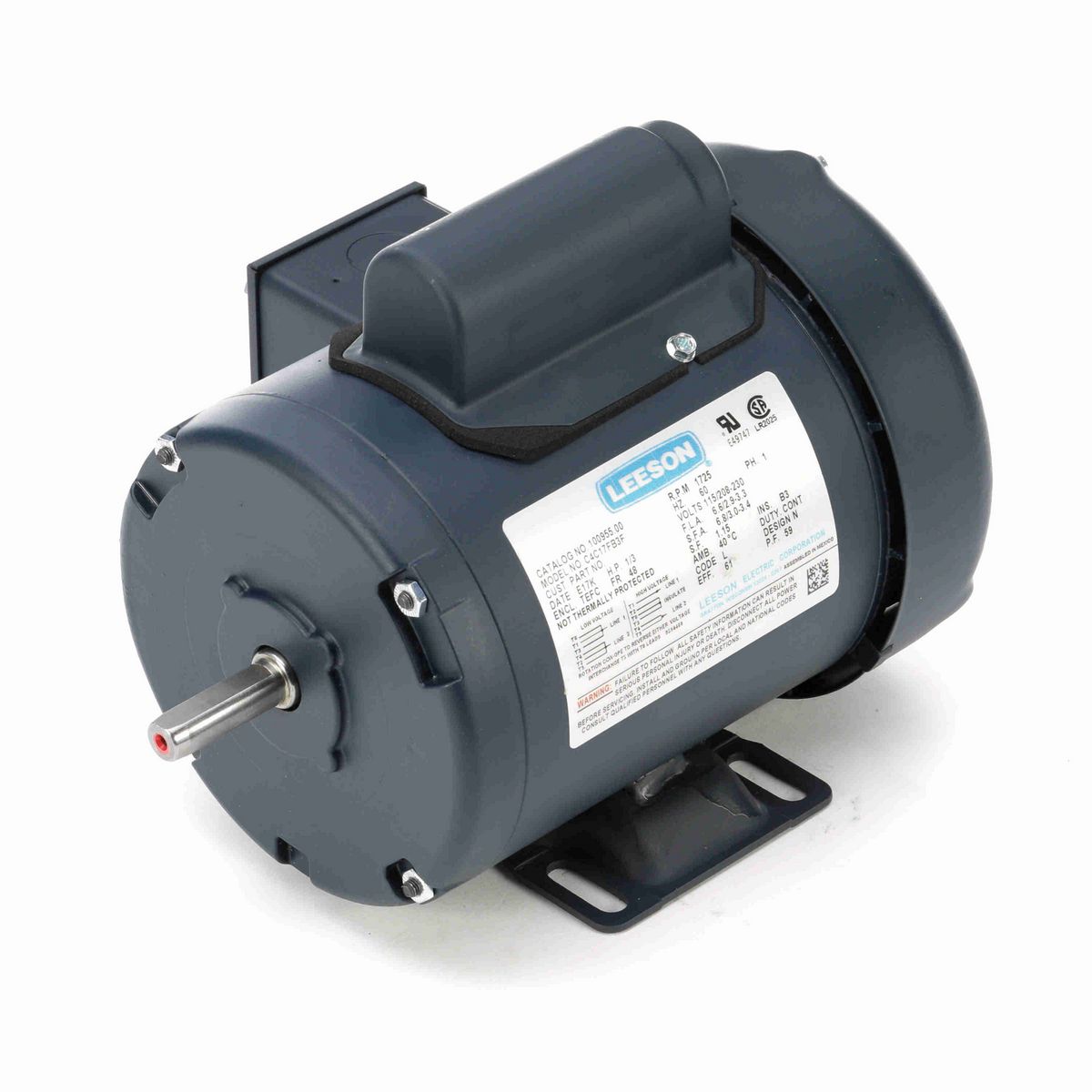 LEESON General Purpose Motor, 0.33 HP, 1 Ph, 60 Hz, 115/230 V, 1800 RPM, 48 Frame, TEFC - 100955.00