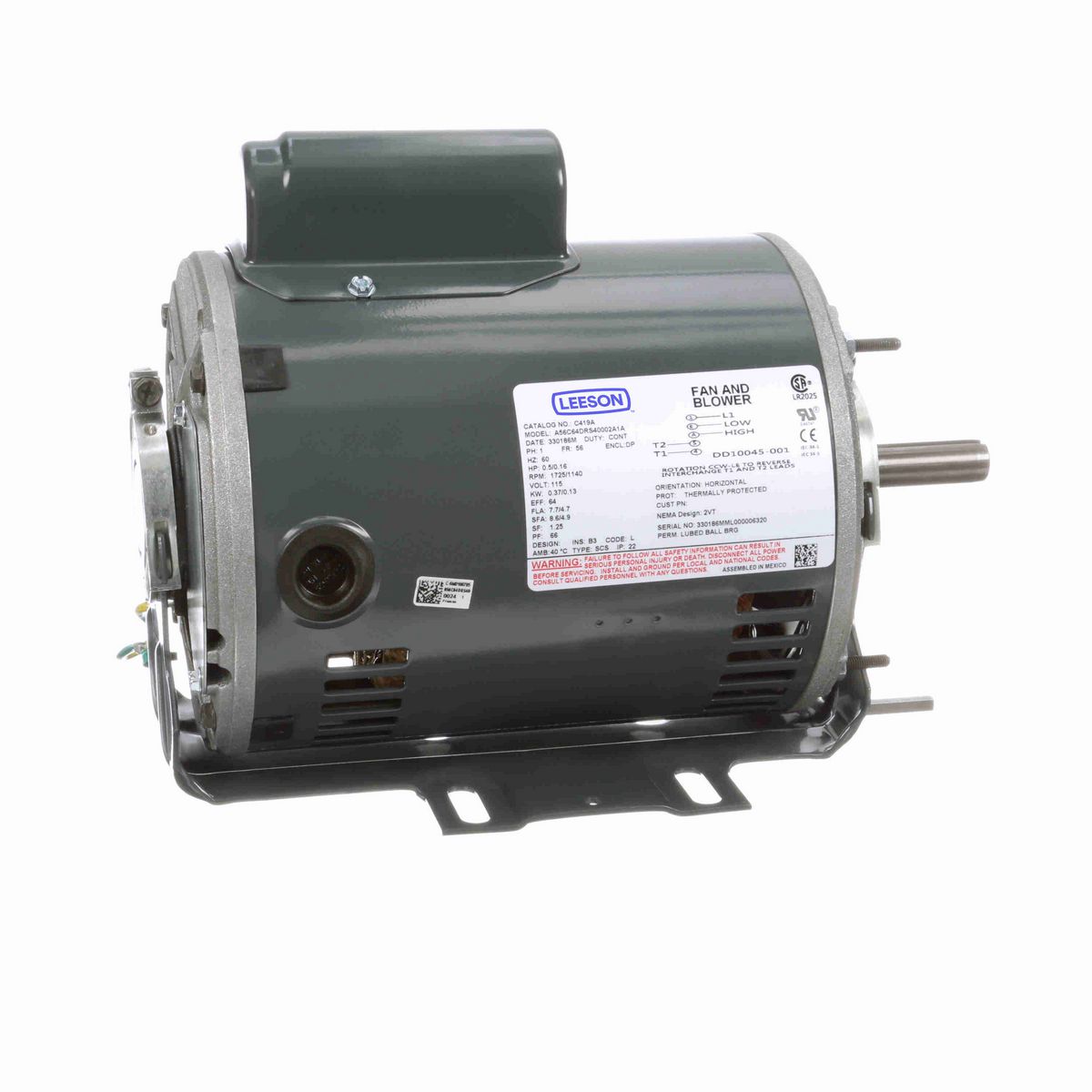 LEESON Fan and Blower Motor, 0.50 & 0.17 HP, 1 Ph, 60 Hz, 115 & 115 V, 1800 & 1800 RPM, 56 Frame, DP - C419A