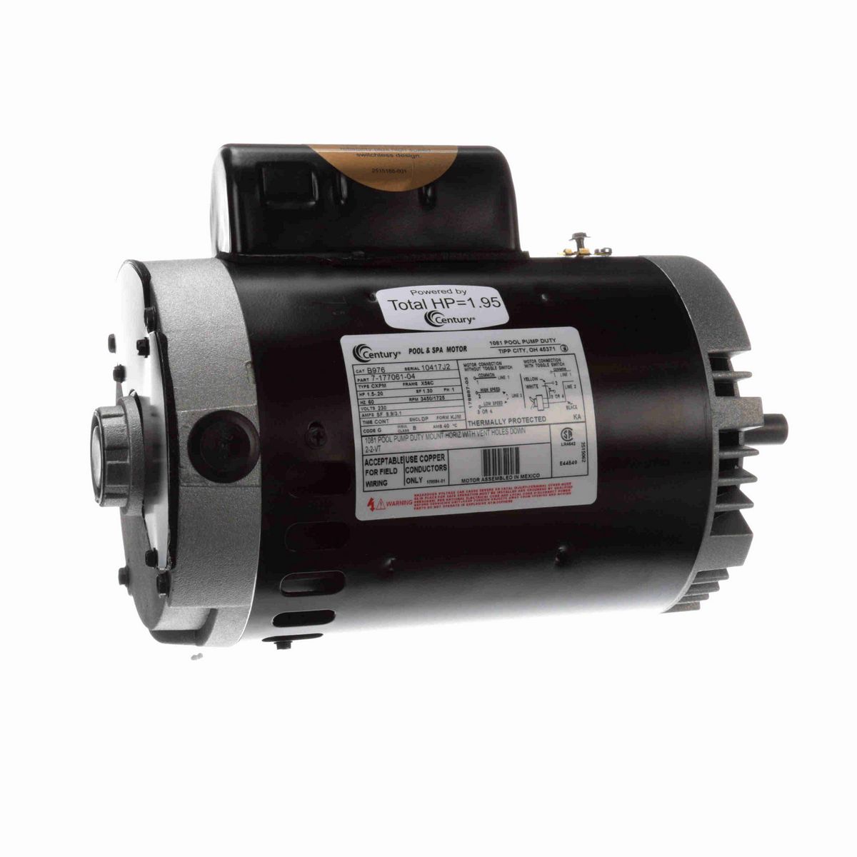 Century Pool Pump Motor, 1.5-.20 HP, 1 Ph, 60 Hz, 230 V, 3600 RPM, X56C Frame, DP - B976