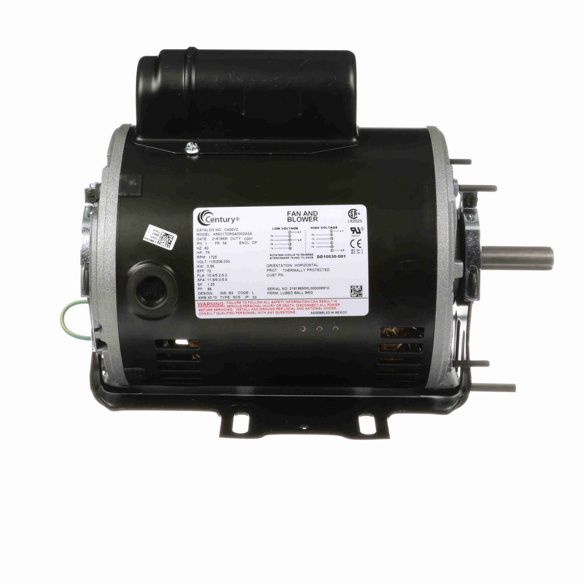 Century Fan and Blower Motor, 0.75 HP, 1 Ph, 60 Hz, 115/230 V, 1800 RPM, 56 Frame, DP - C426V2