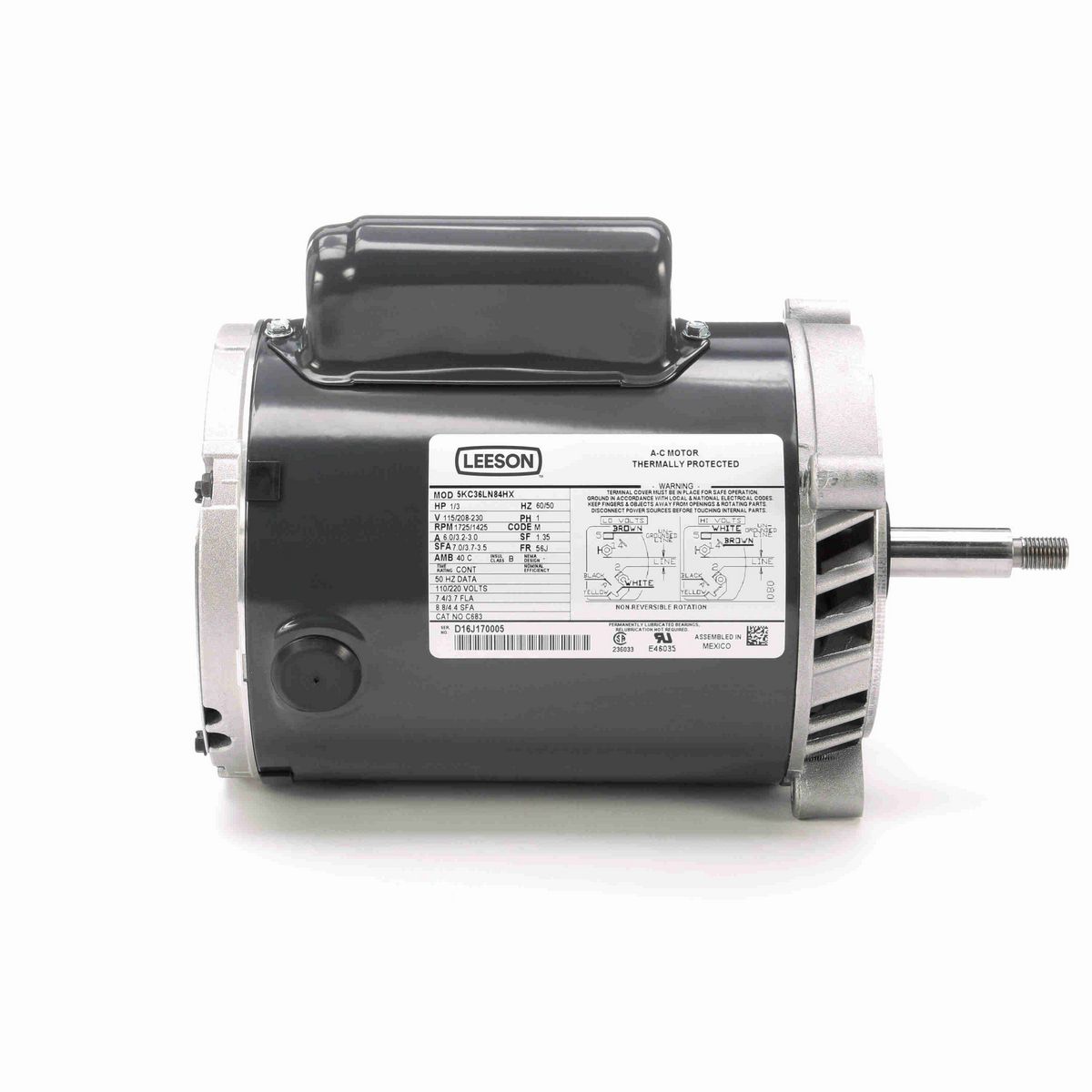 LEESON General Purpose Pump Motor, 0.33 HP, 1 Ph, 60 Hz, 115/208-230 V, 1800 RPM, 56J Frame, DP - C683