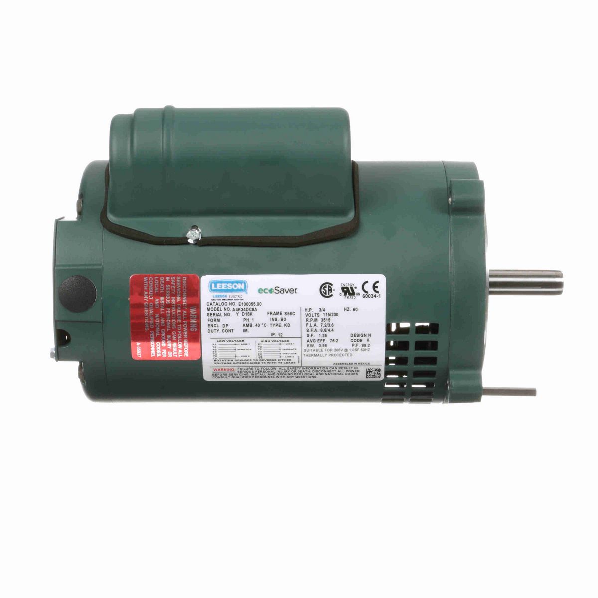 LEESON ecoSaver™ General Purpose Motor, 0.75 HP, 1 Ph, 60 Hz, 115/230 V, 3600 RPM, S56C Frame, DP - E100055.00
