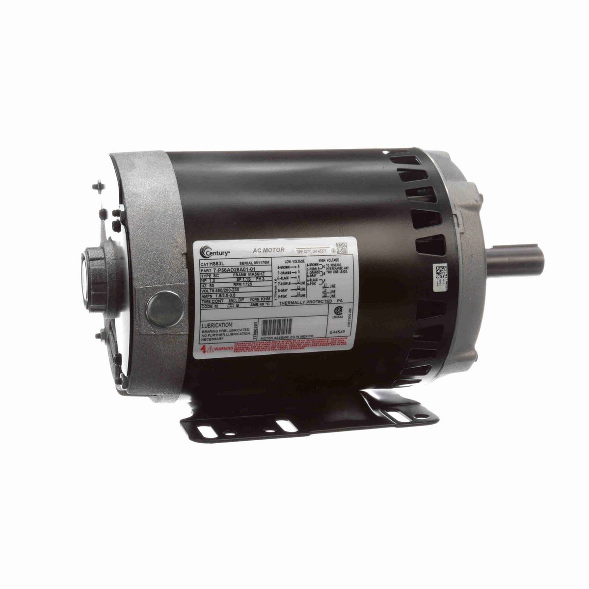 Century General Purpose Motor, 1.0 HP, 3 Ph, 60 Hz, 460/200-230 V, 1800 RPM, MA56HZ Frame, DP - H883L