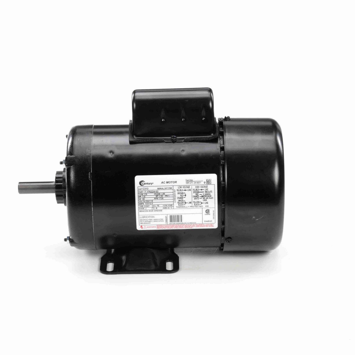Century General Purpose Farm Duty Motor, 1.0 HP, 1 Ph, 60 Hz, 230/115 V, 1800 RPM, L56 Frame, TEFC - C313