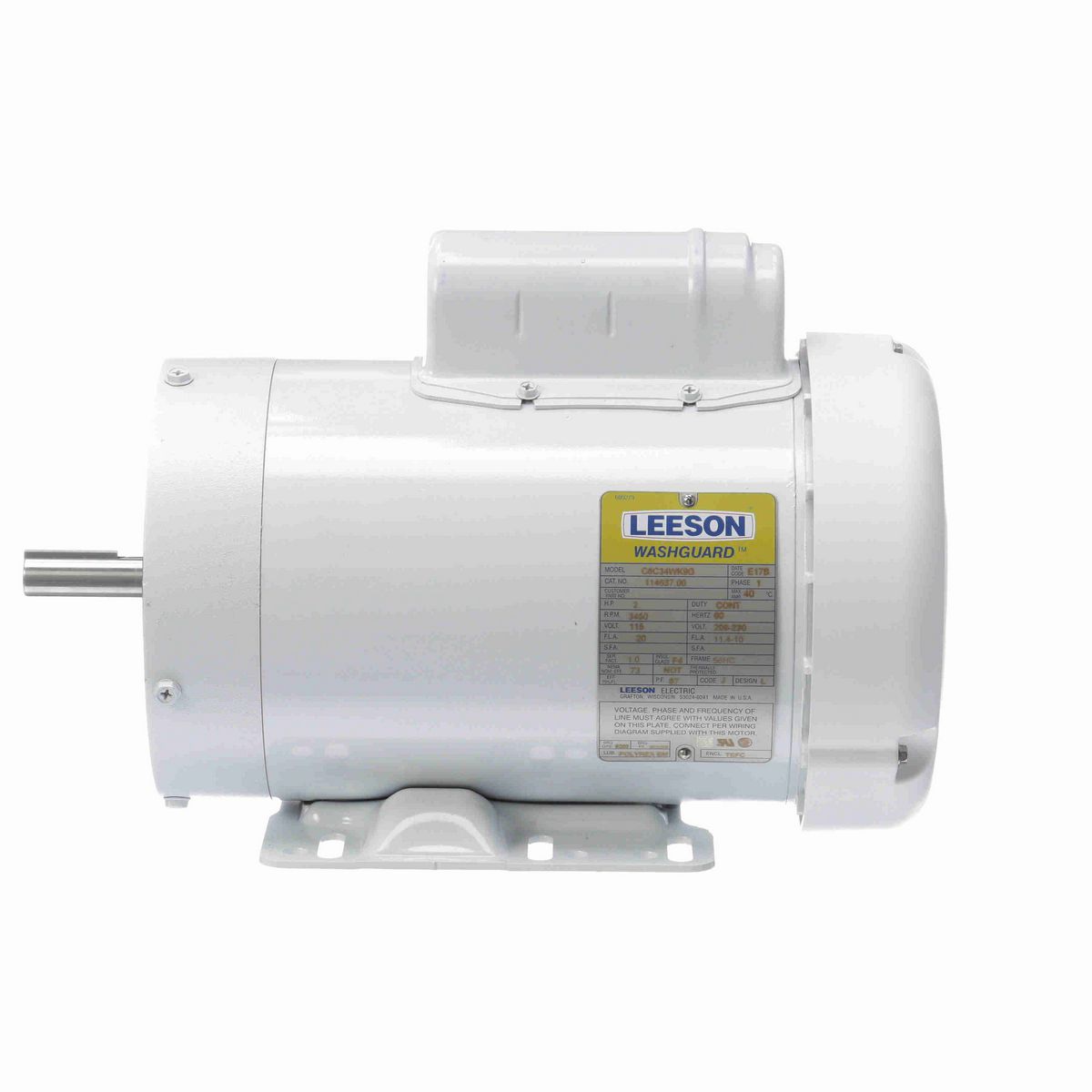 LEESON White Duck™ General Purpose Motor, 2 HP, 1 Ph, 60 Hz, 115/230 V, 3600 RPM, 56HC Frame, TEFC - 114637.00