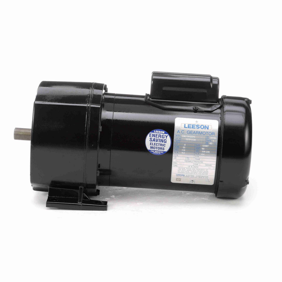 LEESON Parallel Shaft Gearmotor, 0.50 HP, 1 Ph, 60 Hz, 115/208-230 V, 22 RPM, 48Y Frame, TEFC - 107013.00