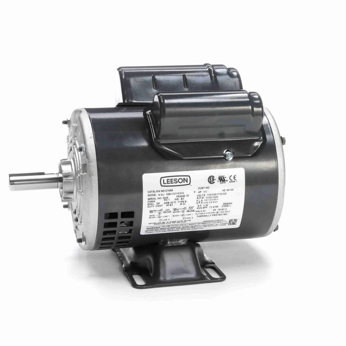LEESON General Purpose Motor, 0.33 & 0.33 HP, 1 Ph, 60 & 50 Hz, 115/230 & 110/220 V, 1800 & 1500 RPM, 56 Frame, DP - C159A