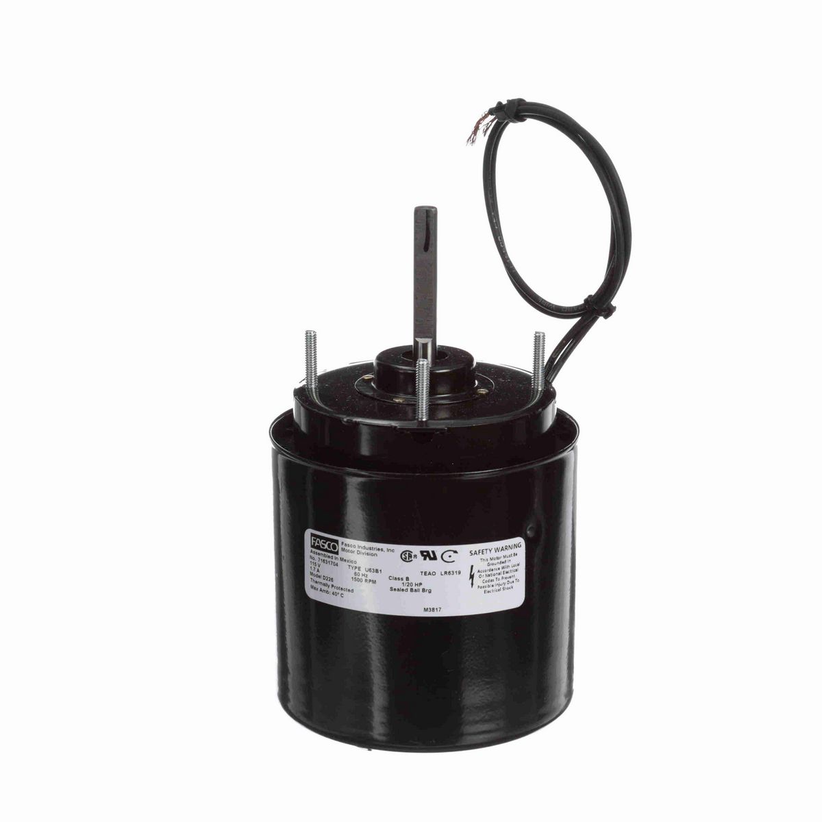 FASCO Fan and Blower Motor, 1/20 HP, 1 Ph, 60 Hz, 115 V, 1500 RPM, 1 Speed, 3.3" Diameter, TEFC - D226