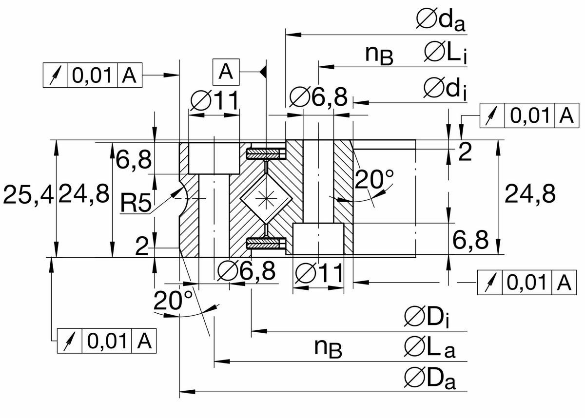 Опорно-поворотное устройство, подшипник с перекрестными роликами, без зубчатого венца INA XSU080318