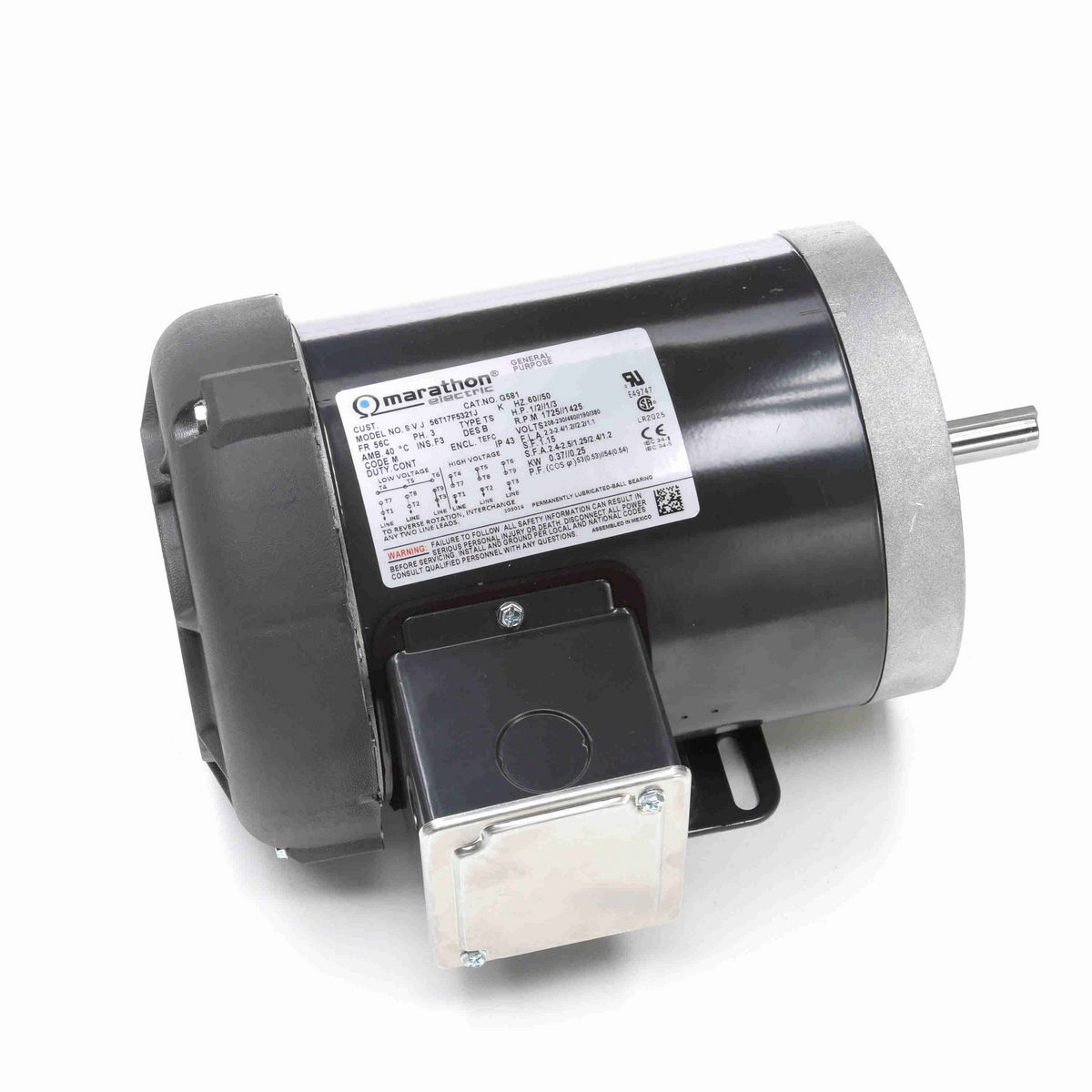 LEESON General Purpose Motor, 0.50 & 0.33 HP, 3 Ph, 60 & 50 Hz, 208-230/460 & 190/380 V, 1800 & 1500 RPM, 56C Frame, TEFC - G581