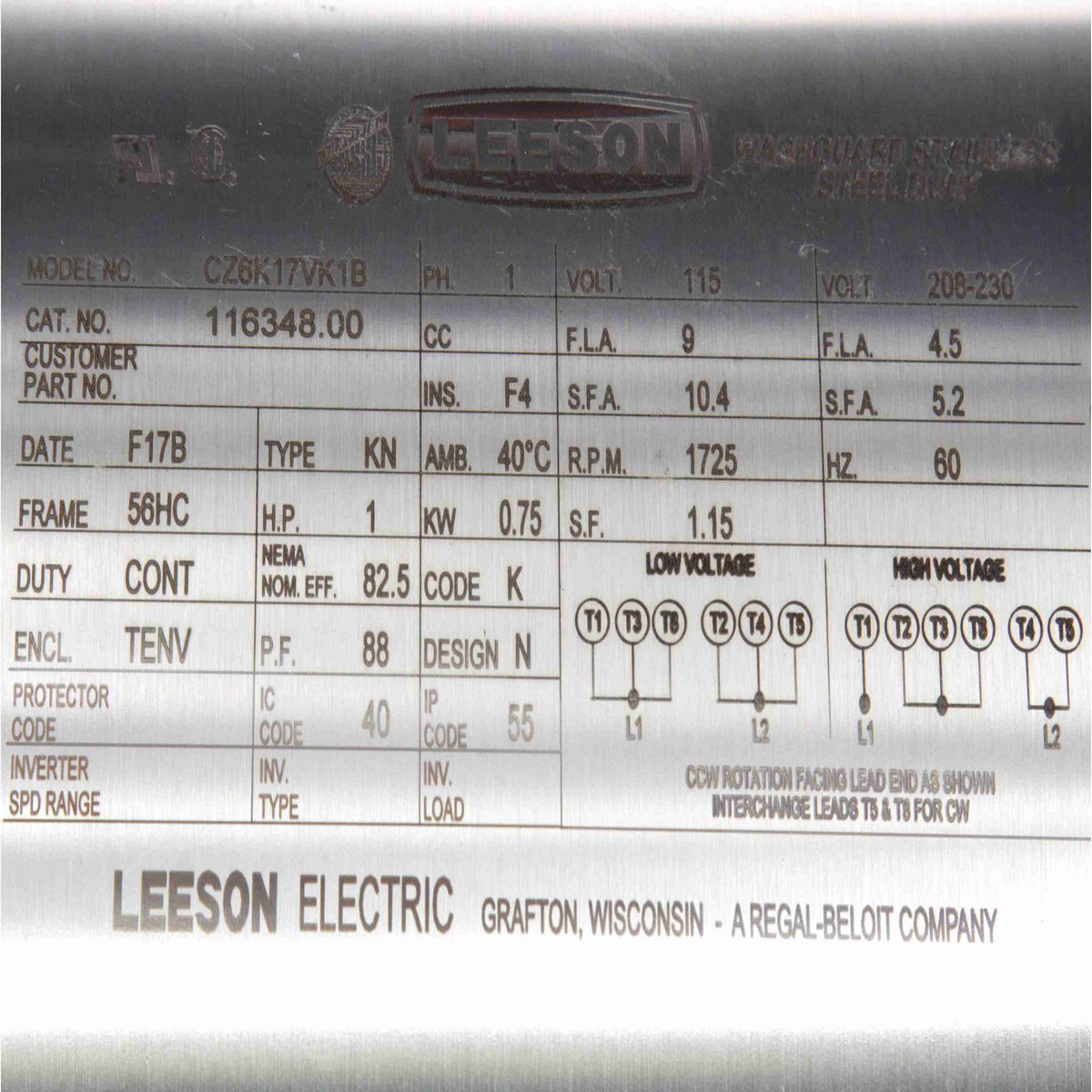 LEESON Premium Duck™ General Purpose Motor, 1 HP, 1 Ph, 60 Hz, 115/230 V, 1800 RPM, 56HC Frame, TENV - 116348.00