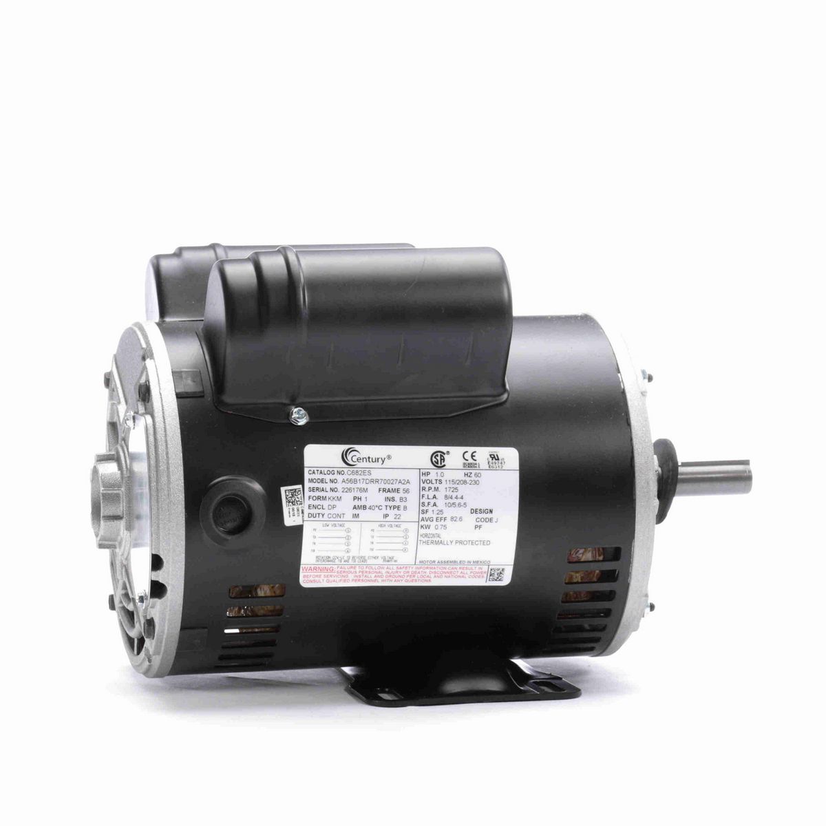 Century General Purpose Motor, 1.0 HP, 1 Ph, 60 Hz, 115/208-230 V, 1800 RPM, 56 Frame, DP - C682ES