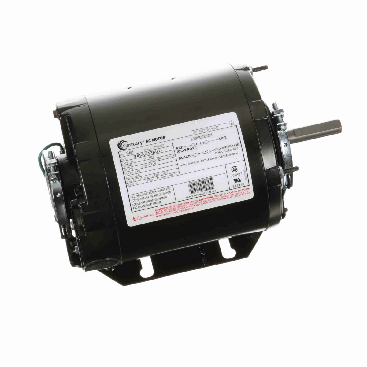 Century General Purpose Motor, 1/6 HP, 1 Ph, 60 Hz, 115 V, 1800 RPM, 48Z Frame, ODP - F401