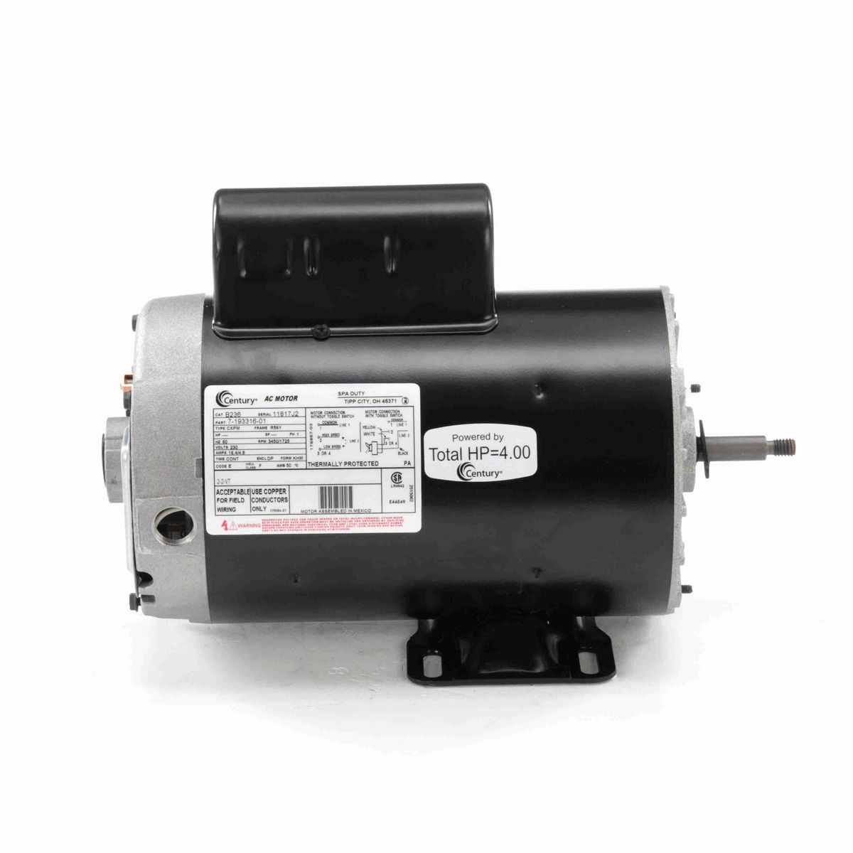 Century Pool Pump Motor, 5.0 / 0.63 SPL HP, 1 Ph, 60 Hz, 230 V, 3600 RPM, R56Y Frame, DP - B236
