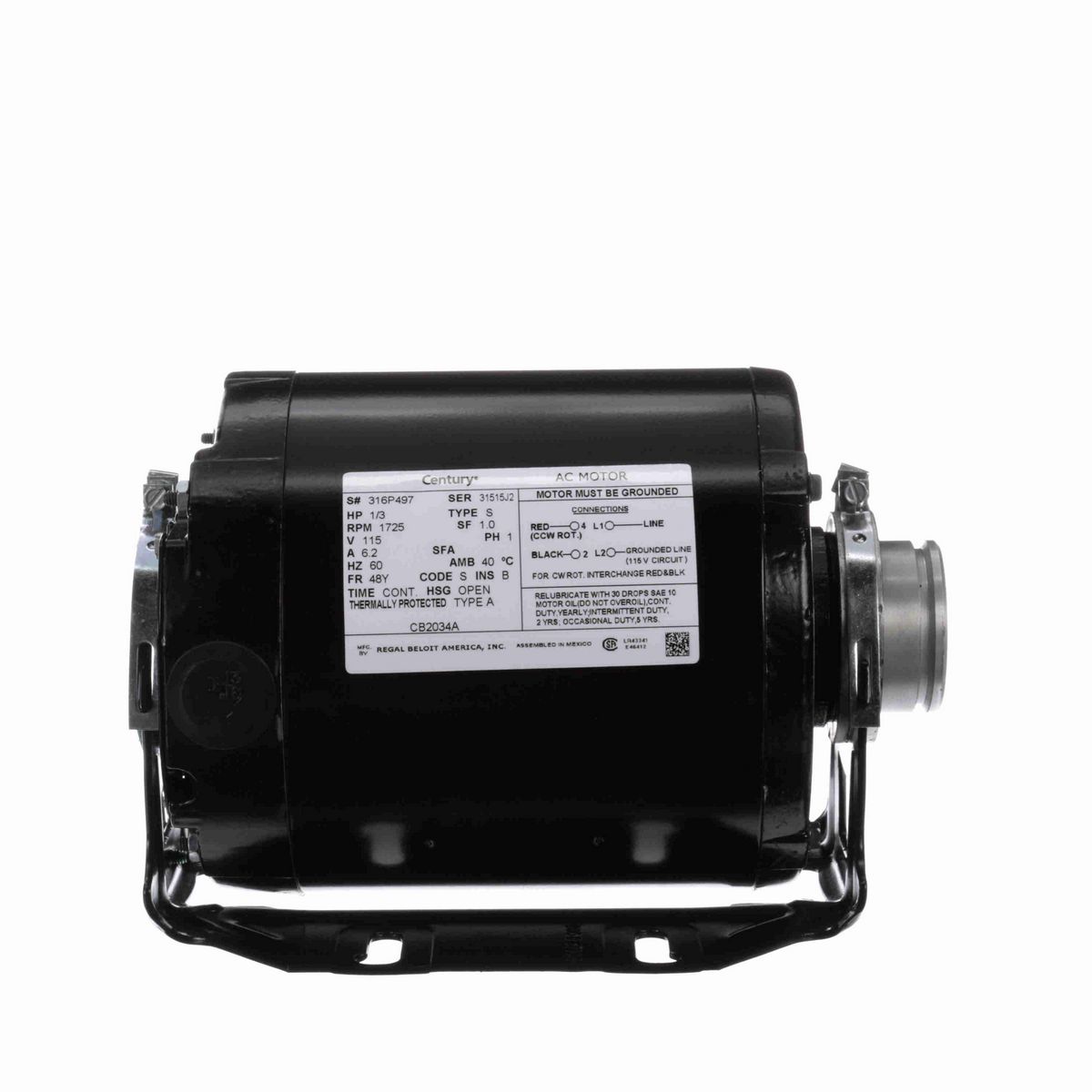 Century Carbonator Pump Motor, 1/3 HP, 1 Ph, 60 Hz, 115 V, 1800 RPM, 48Y Frame, OPEN - CB2034A