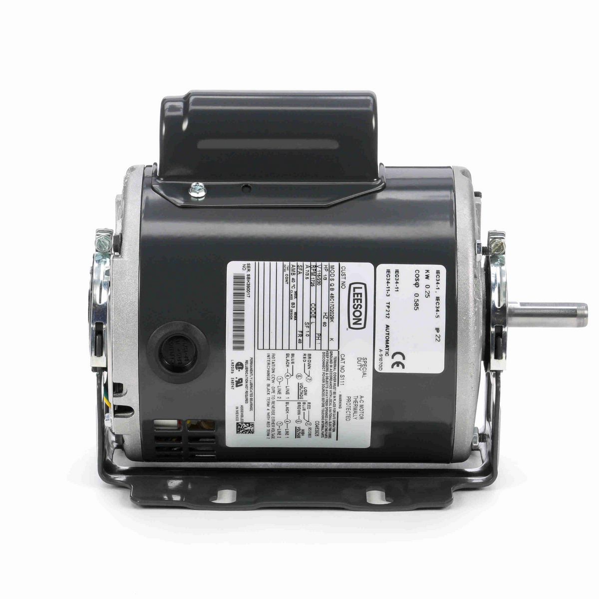 LEESON General Purpose Motor, 0.33 HP, 1 Ph, 60 Hz, 115/230 V, 1800 RPM, 48 Frame, DP - S111