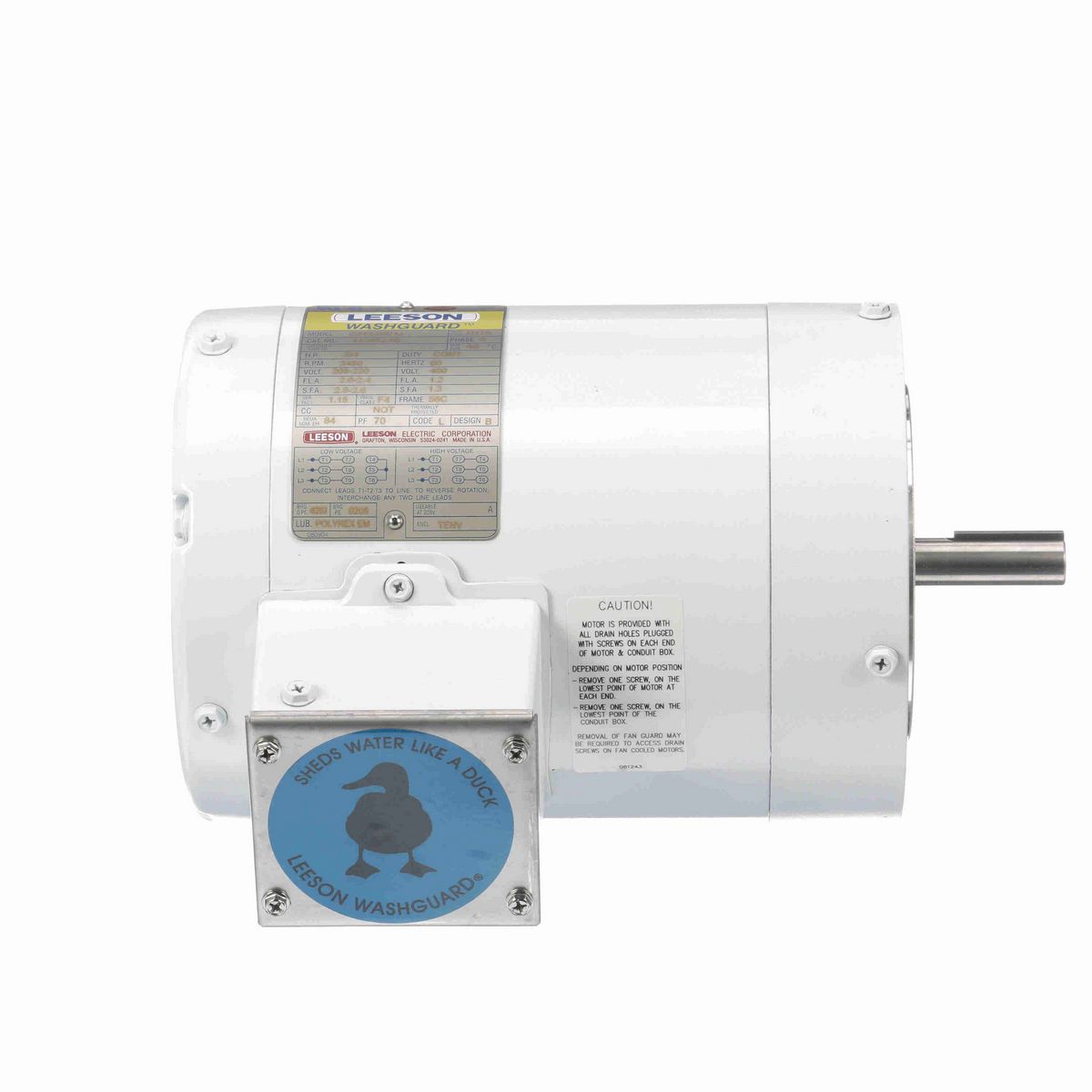 LEESON White Duck™ General Purpose Motor, 0.75 HP, 3 Ph, 60 Hz, 230/460 V, 3600 RPM, 56C Frame, TENV - 113022.00