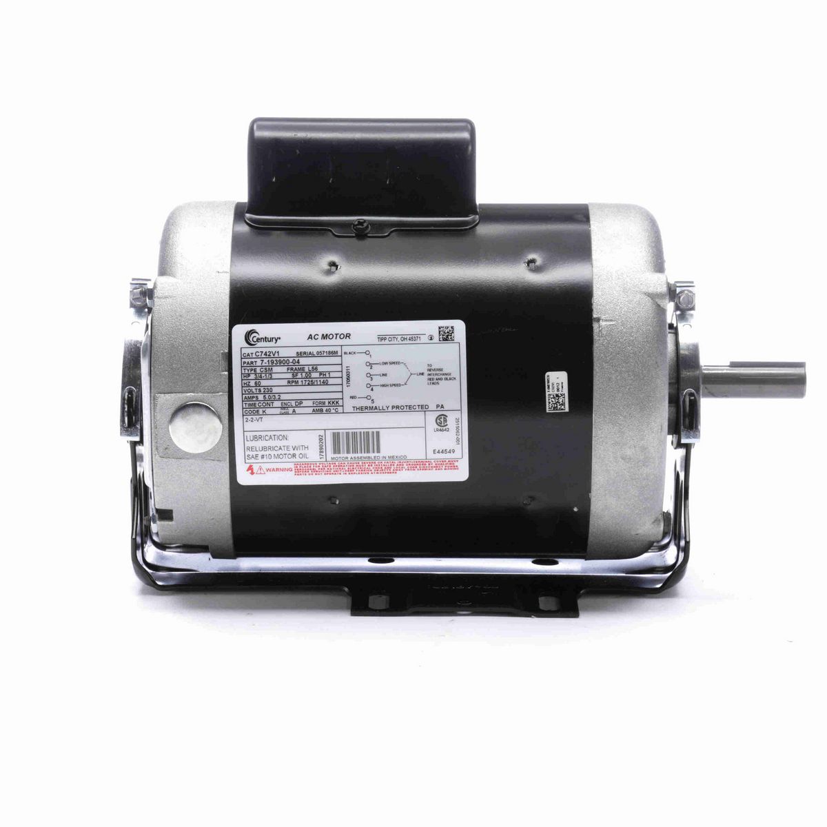 Century Fan and Blower Motor, 3/4-1/3 HP, 1 Ph, 60 Hz, 230 V, 1800 RPM, L56 Frame, DP - C742V1