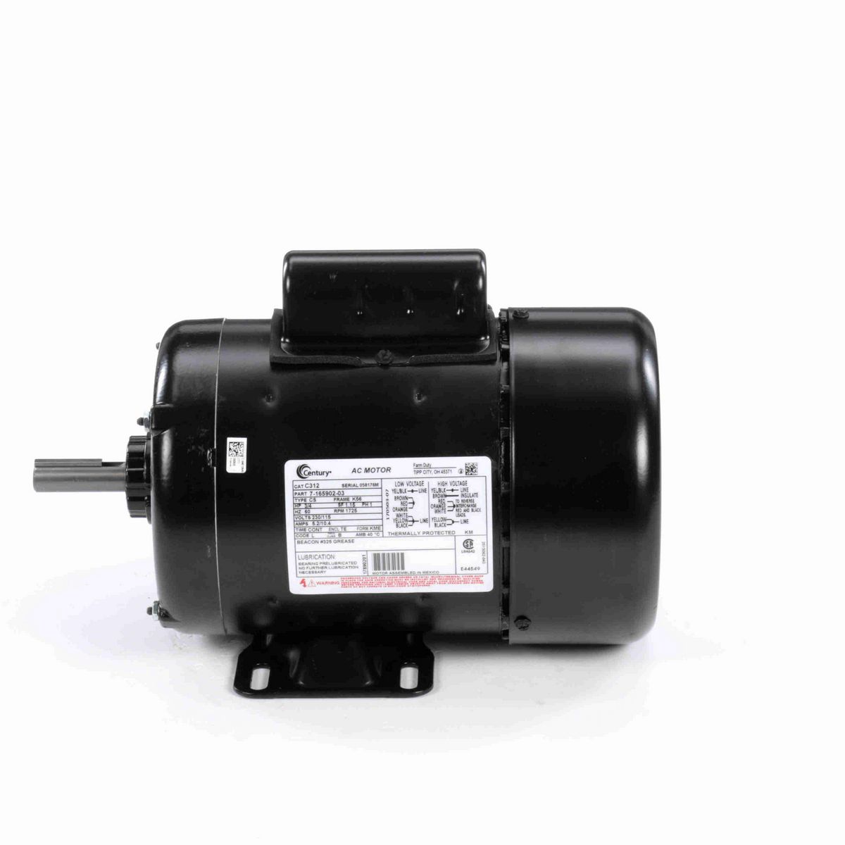 Century General Purpose Farm Duty Motor, 3/4 HP, 1 Ph, 60 Hz, 230/115 V, 1800 RPM, K56 Frame, TEFC - C312